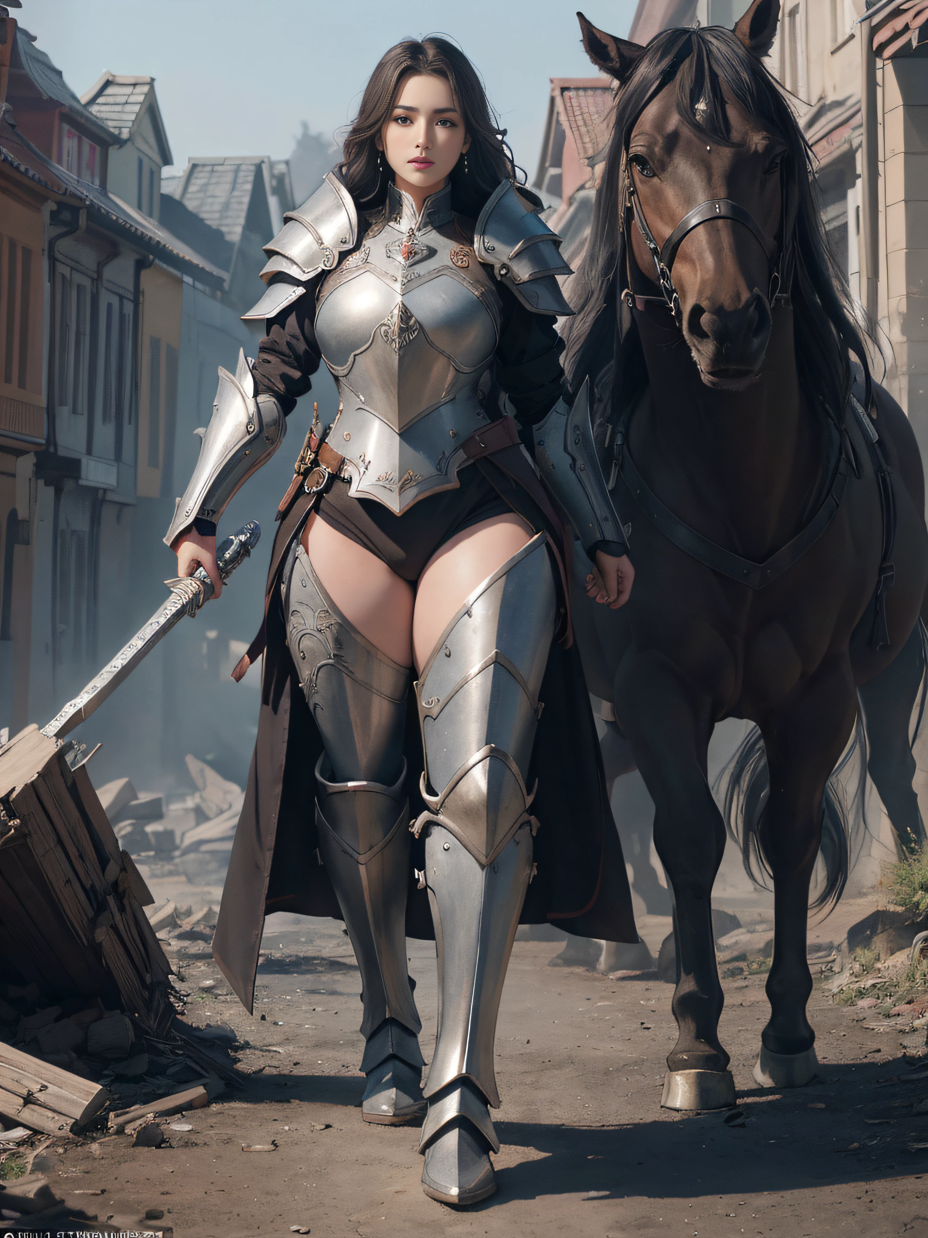 tmasterpiece,A high resolution,Absolutely beautiful,a mature female,Fine and detailed eyes and detailed face,Tall and tall,short detailed hair,She wears armor,Full coverage armor,Armor pants,Armor boots,Show armor iron boots、The armor is rich in color、Exquisite details of the armor、decor,Shogun, allure:(Tall:1.4),haughty,Mature temperament,(Wide buttock:1.4),(Thick thighs:1.4),Majesty,Rich scene detail,In the midst of the war,are standing,action