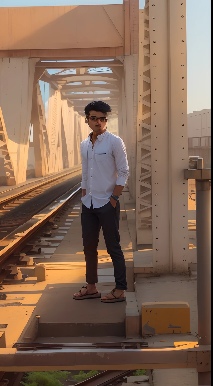 there is a man standing on a train track with his hands in his pockets, standing on a bridge, assamese aesthetic, jayison devadas style, mohamed chahin style, connected with hanging bridge!!, stylish pose, cool pose, with a cool pose, on a bridge, very cool pose, really cool pose, inspired by Bikash Bhattacharjee