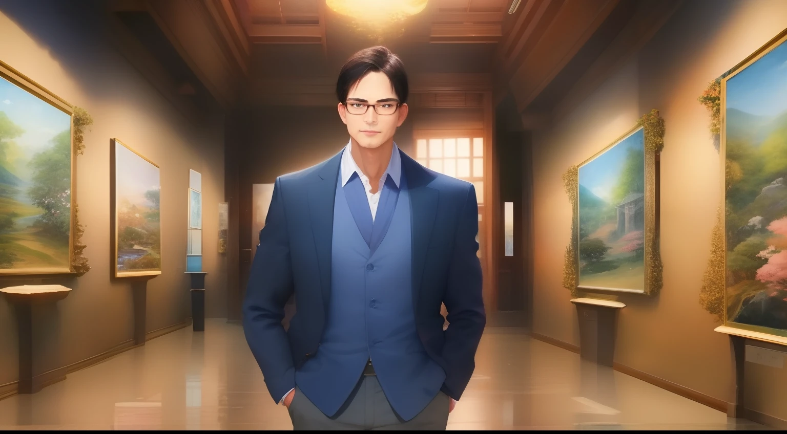 Japan man looking at a painting in a museum、Age is 50 years、a handsome、Wearing a dark blue suit、wears glasses、Well-formed face、tall、FULL BODYSHOT、wide Shots、Straight face、Decorated with overseas landscape paintings、Mysterious atmosphere
