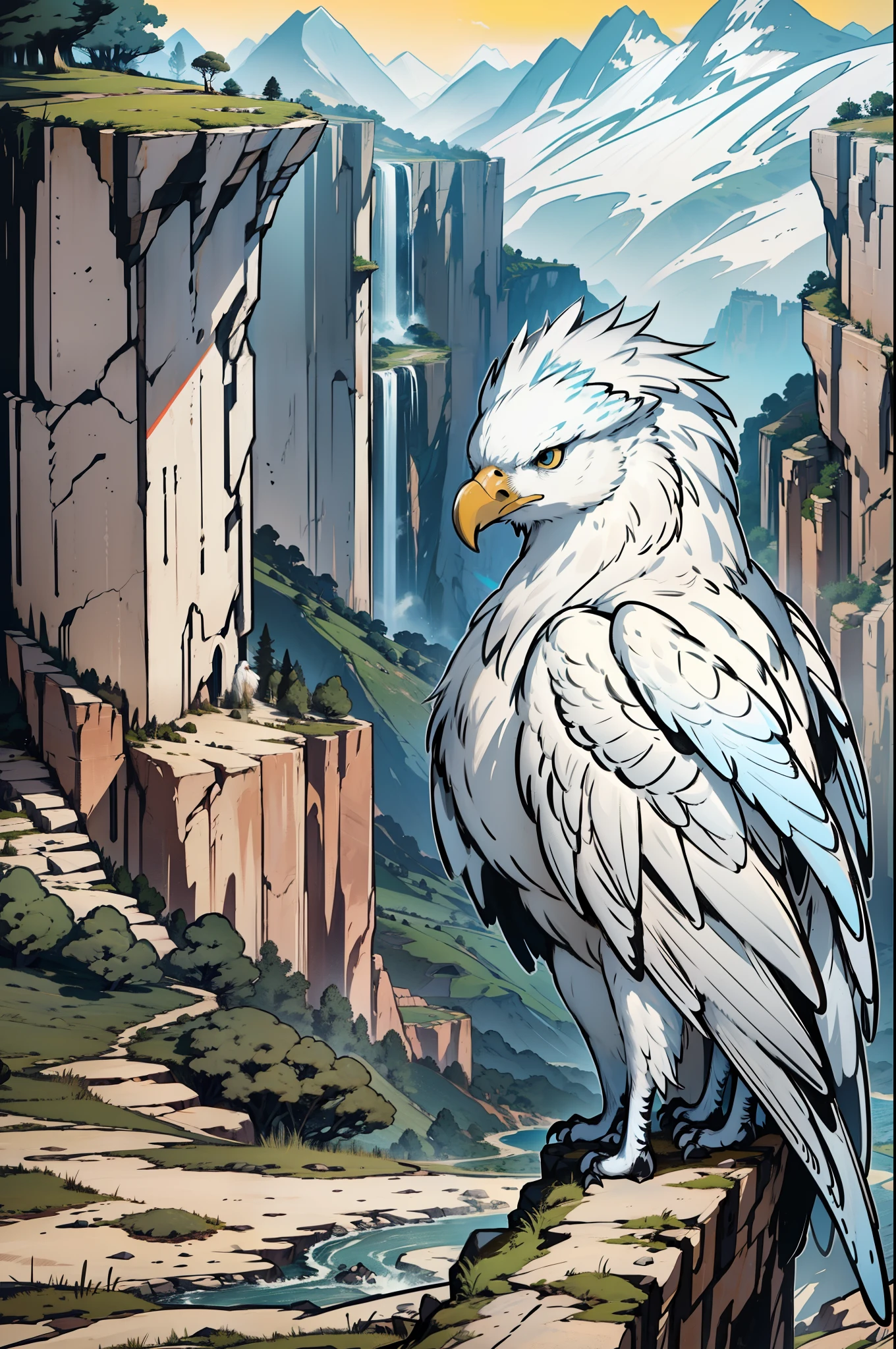 "three sided view, Majestic and awe-inspiring, a solitary white eagle with a mesmerizing elongated tail perched on a rugged cliff, overlooking the dusty road in the valley below."