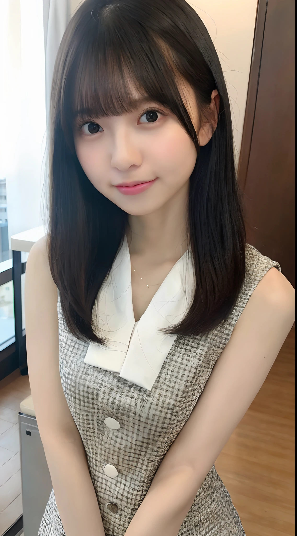 Japanese office lady. Identical twin sisters, (8K, RAW photo, best quality, masterpiece: 1.2), highly detailed, super resolution, (realistic, actual photo: 1.37), (photorealistic: 1.6), High-resolution raw color photo, professional photo, very delicate and cute (pointing at the camera), real light (spread your arms wide and palms facing you), smile so much that you can see your teeth, amazingly cute , Neat woman, very cute smile, very cute face, amazing details, very detailed beautiful girl, another face, one ponytail, modern and cute, very detailed face, very detailed eyes, very realistic skin, very Thin fingers, very small nose, very knowledgeable mouth, perfect anatomy, completely naked, smiling, long straight hair, (bangs 1.2), celebrity-level cuteness, young, crouching, legs apart
