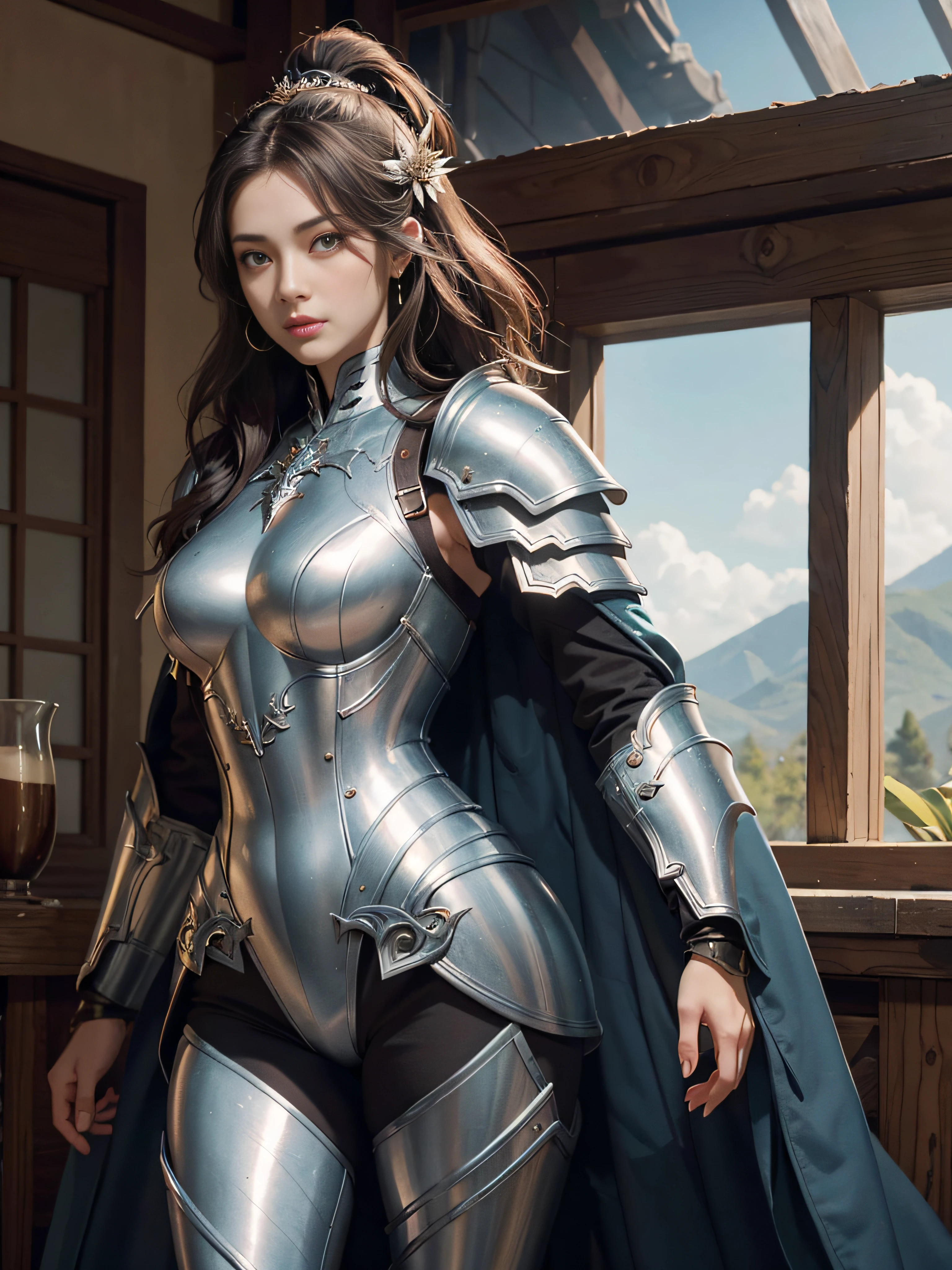 tmasterpiece，A high resolution,Absolutely beautiful，a mature female，Fine and detailed eyes and detailed face，Tall and tall，short detailed hair，She wears armor，Full coverage armor，Armor pants，Armor boots，Show armor iron boots、The armor is rich in color、Exquisite details of the armor、decor，Shogun， allure：（Tall：1.4），haughty，Mature temperament，（Wide buttock：1.4），（Thick thighs：1.4），Majesty，Rich scene detail，In the midst of the war，are standing，action