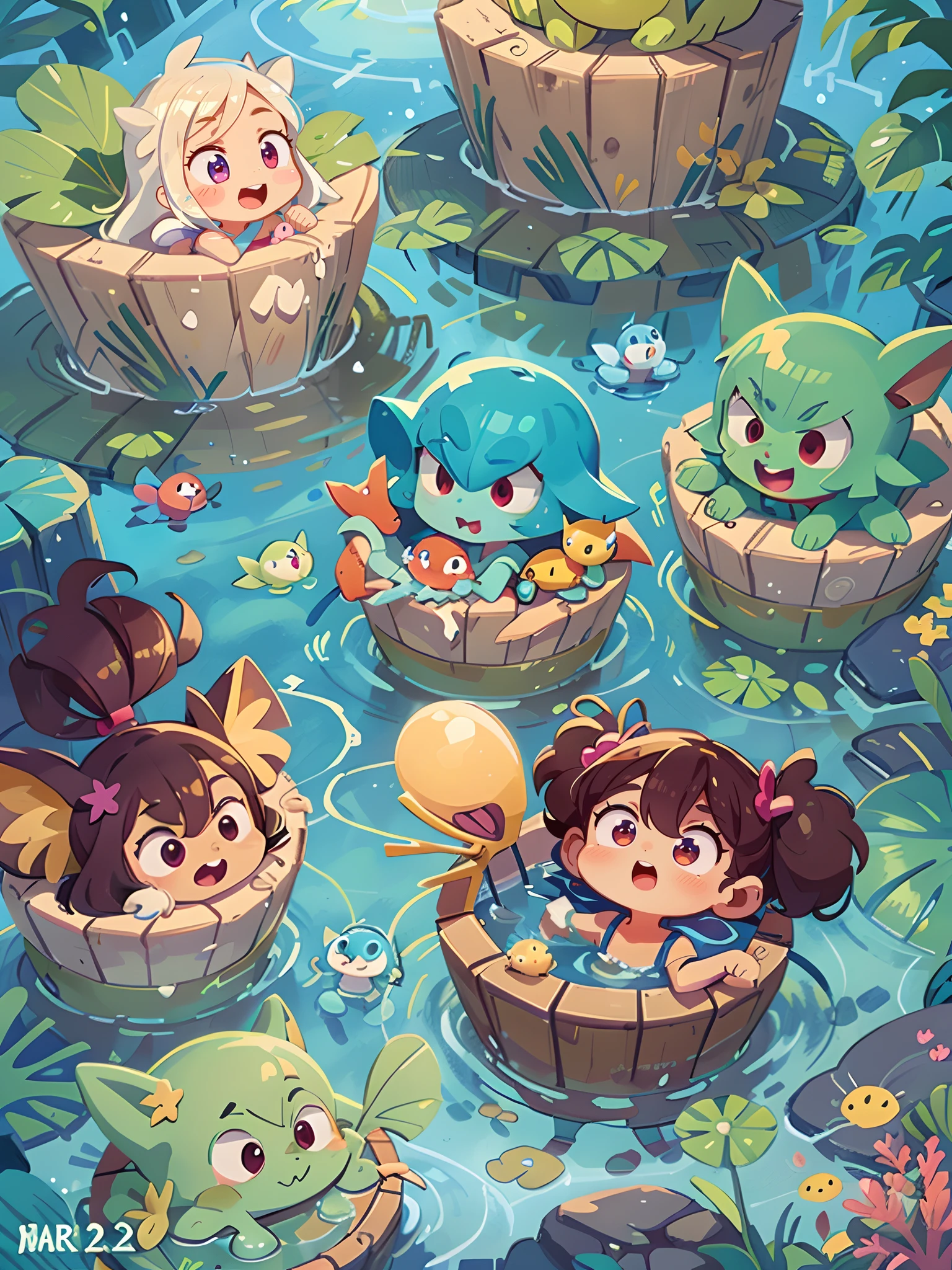 cartoon illustration of a group of Pokemons swimming in the ocean, colorful kids book illustration, colorful illustration, summer swimming party, game illustration, cute illustration, childrens art in artstation, 2. 5 d illustration, kids book illustration, animation illustrative style, in the sea, 2 d illustration, 2d illustration, a beautiful artwork illustration, colorfull illustration, beautiful shining eyes, like crystal clear glass