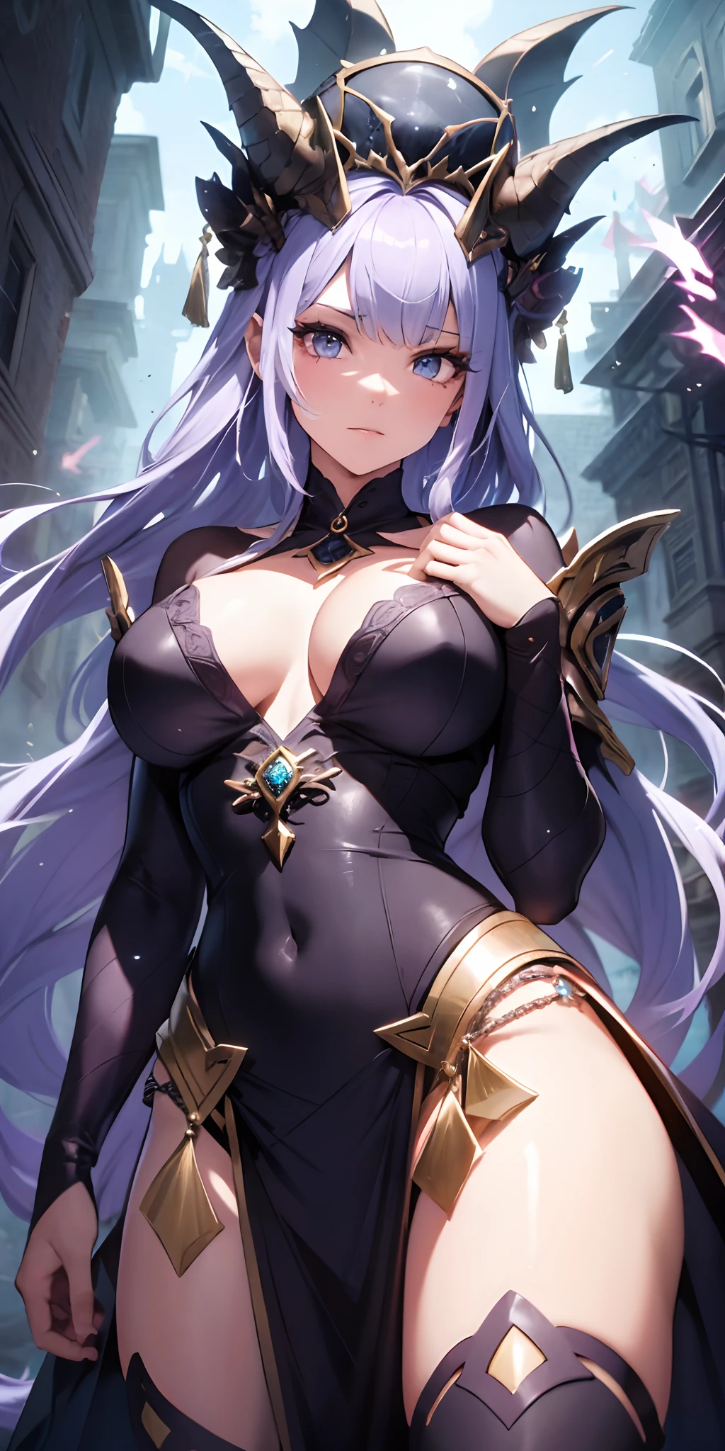 (EXTRAORDINARY,cinematic quality,high resolution, master part), A sexy and powerful fantasy queen in a mythical world, com (long flowing hair,]Armadura preta elegante),(olhar feroz),(coroa adornada com pedras preciosas), (Trono serpentino),(Mystical and enchanting scenery),(heavy volumetric light),(best ilumination),(Unique color presets),(Fantastic creatures lurking in the background).