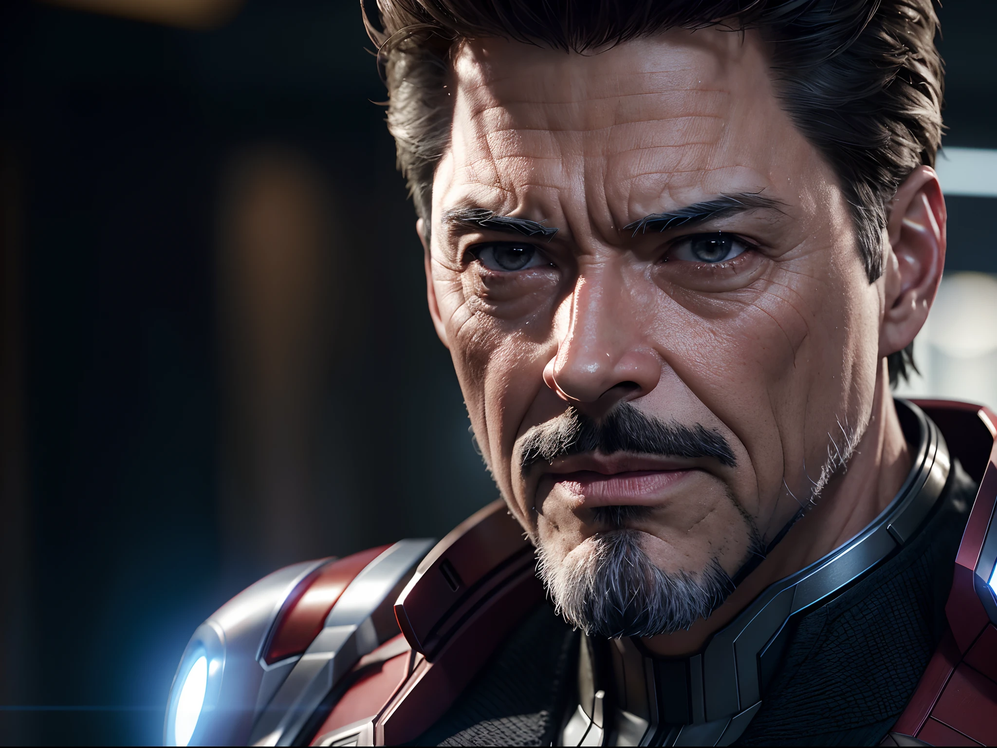 Marvel, Old man Tony Stark, realistically, dynamic lights, old, gray stubble, full shoot, (extremely detailed CG unity 8k wallpaper), trending on ArtStation, trending on CGSociety, High Detail, Sharp focus, dramatic, photorealistic