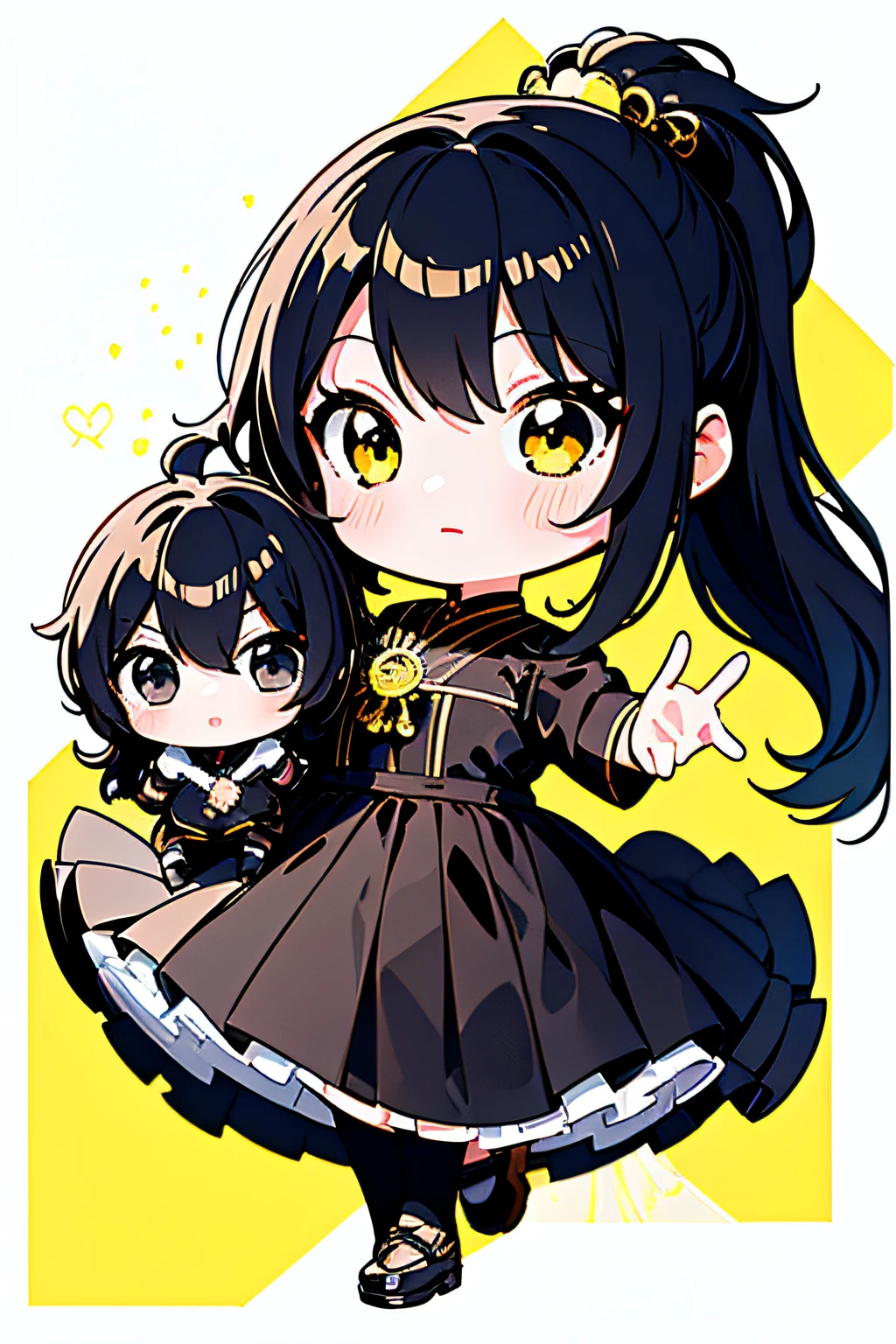 ((Best Quality)), ((masutepiece)),1 girl， animemanga girl，Q Version Characters，Infant body type，Head and body are the same size、Very short in height，black colored hair，a black skirt，fierce look