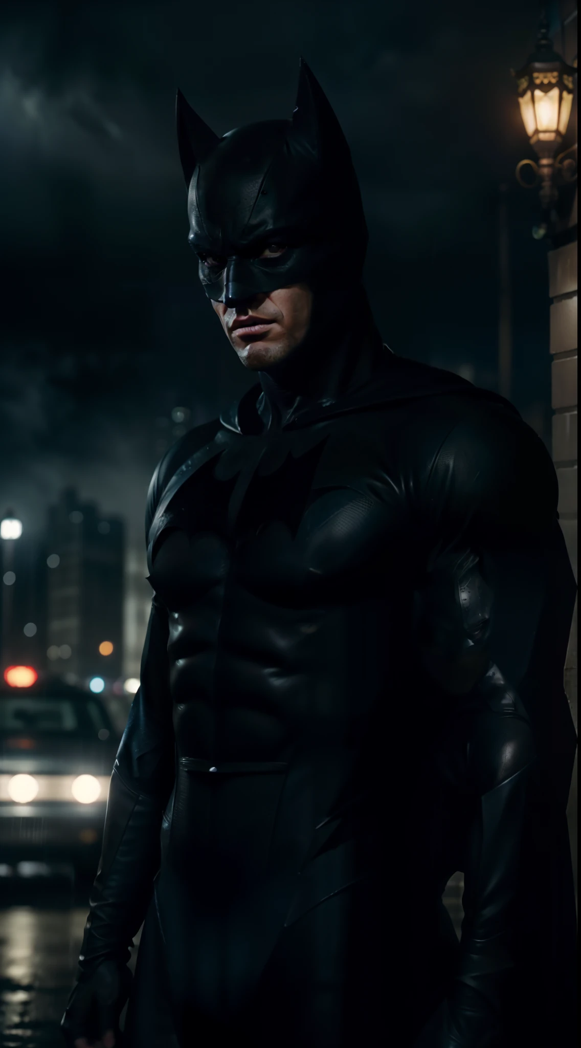 Bat man looks the Gotham city in raining weather, Ultra cinematic, dramatic lighting , realistic, movie, scene 8k , absolute real, masterpiece.