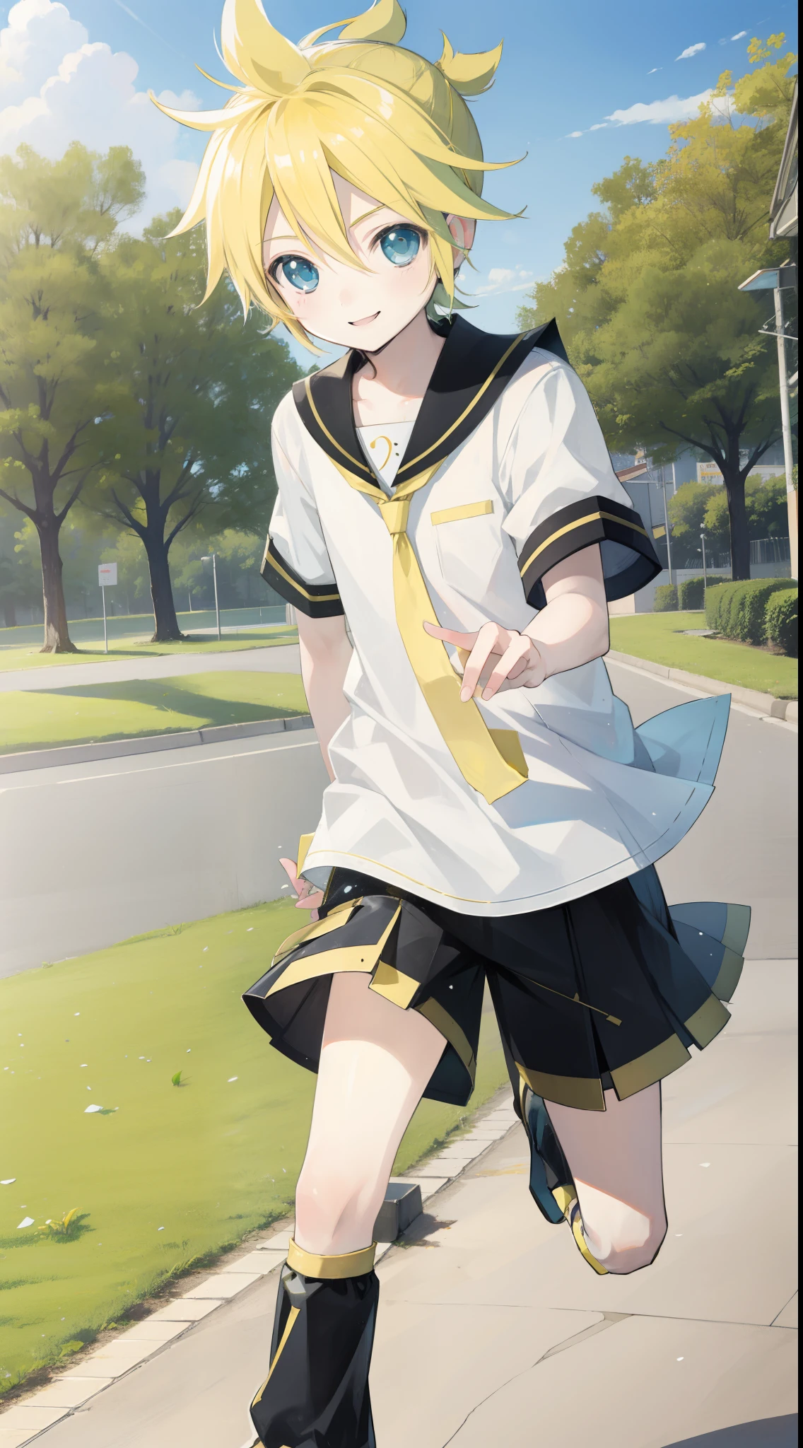 a boy, Kagamine_Len, smile, realistic, outdoor, fun, lovely, cool