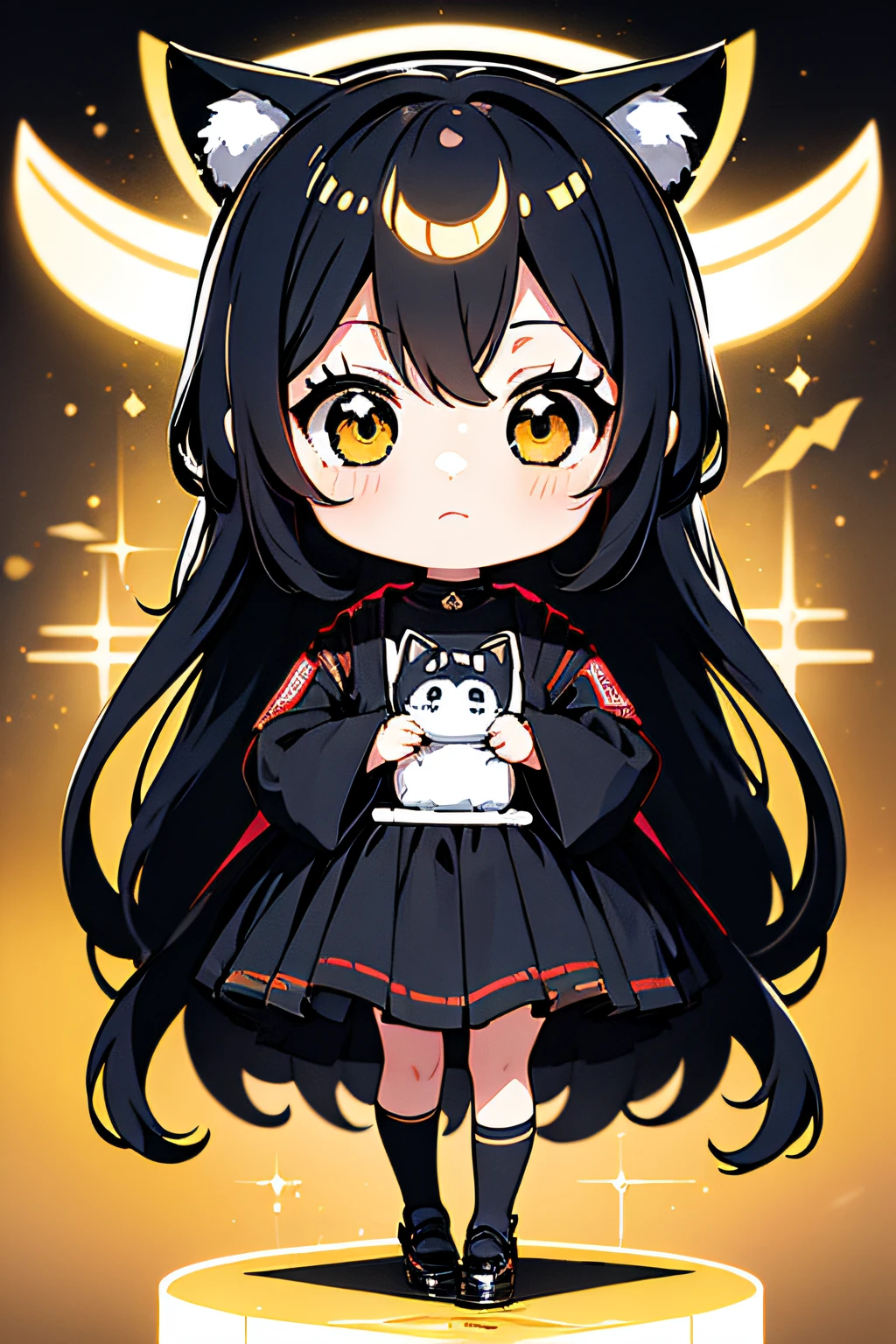 ((Best Quality)), ((masutepiece)),1 girl， animemanga girl，Q Version Characters，Infant body type，Head and body are the same size、Very short in height，black colored hair，a black skirt，fierce look