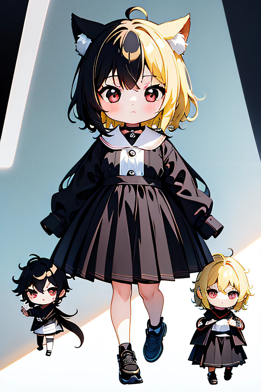 ((Best Quality)), ((masutepiece)),1 girl， animemanga girl，Q Version Characters，Infant body type，Head and body are the same size、Very short in height，black colored hair，a black skirt，fierce look