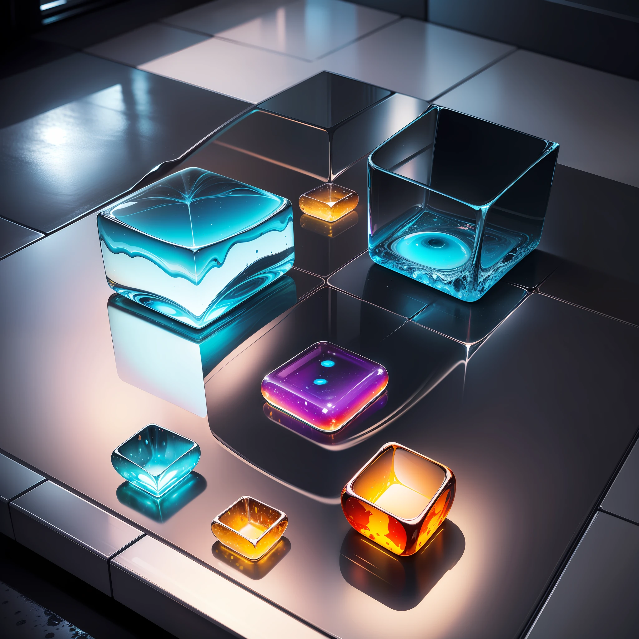 The mesmerizing image of a glass cube shimmering in a puddle is、Surrounded by an array of vibrant colors and shapes