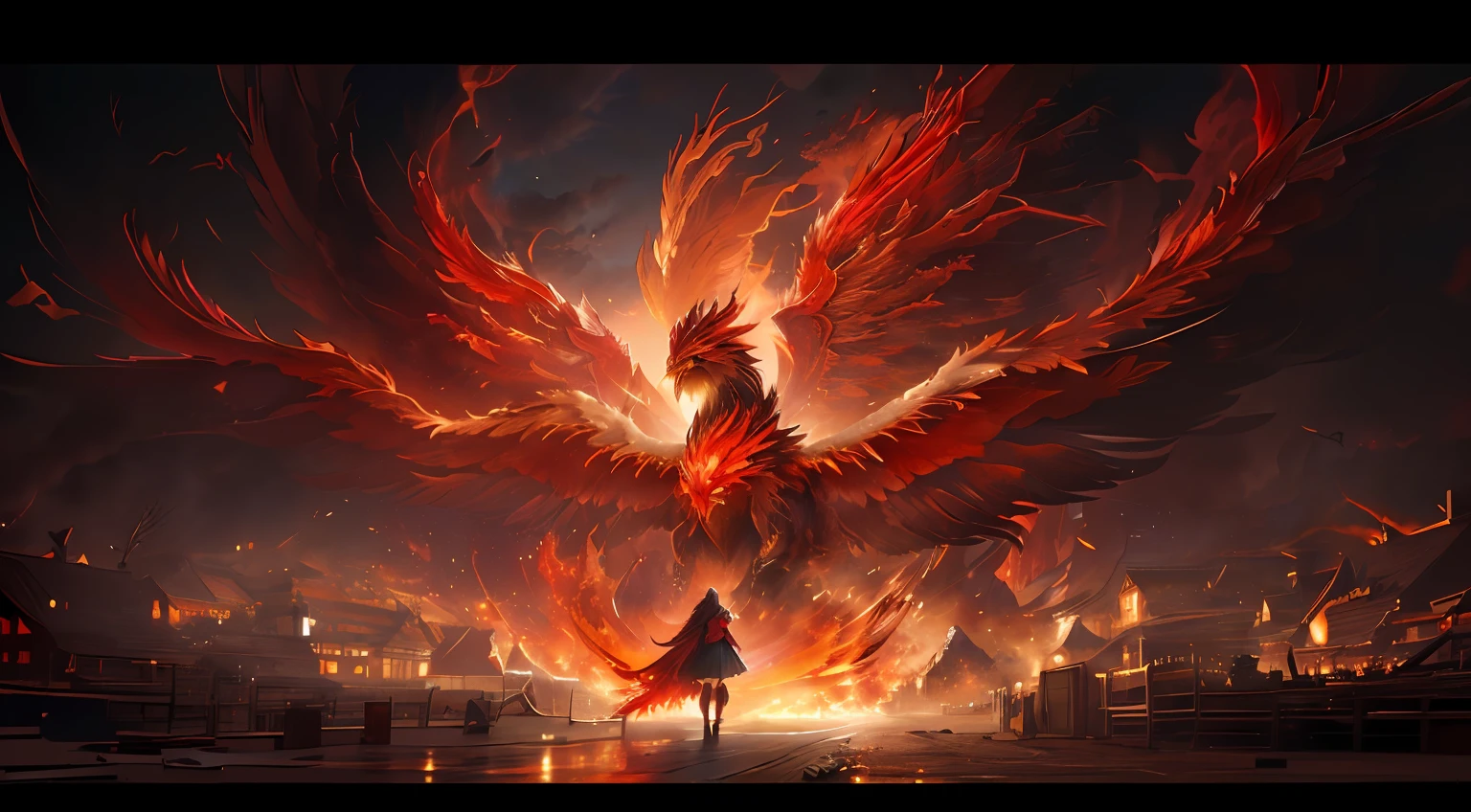 anime big breast, A woman with red wings and black clothes stands in front of the fire, ''wallpaper of a phoenix, ''wallpaper of a phoenix resting, artwork of a phoenix, phoenix rising, Anime epic artwork, The Phoenix rose from the ashes, Epic fantasy digital art style, 4k highly detailed digital art, phoenix in fire, phoenix dragon, flying scarlet phoenix