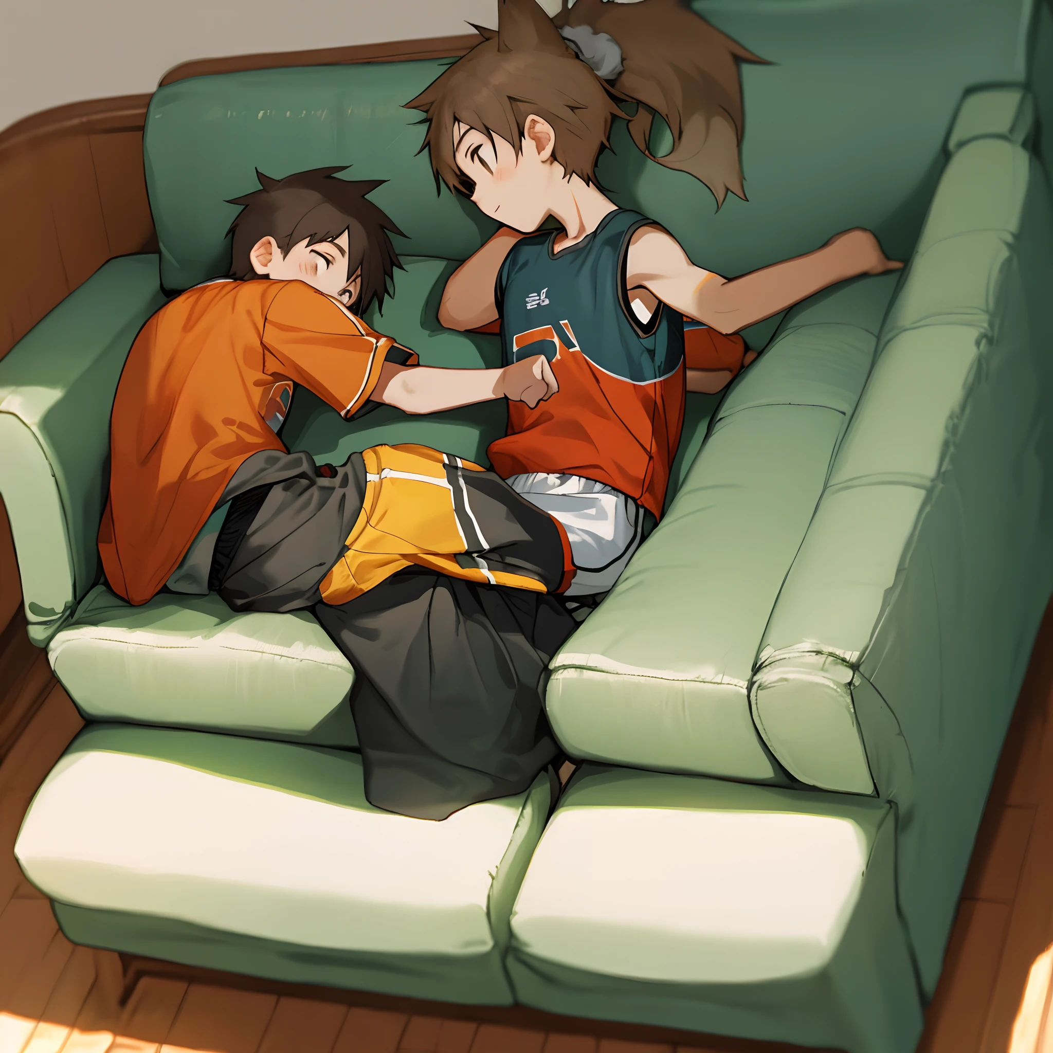 Shota Ear 6 years old sports shorts lying on the sofa with his back to him
