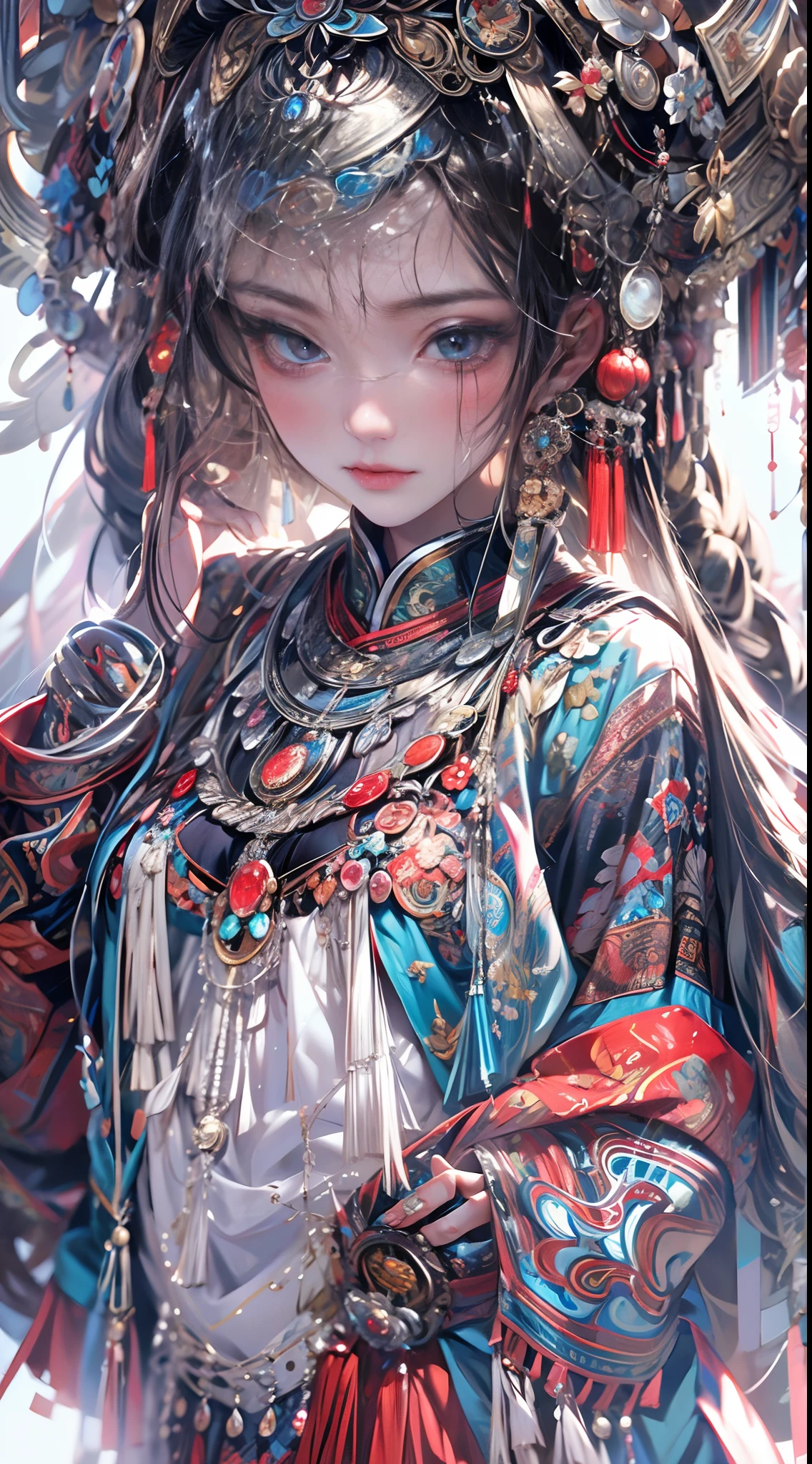 (opulent, Fine clothes and silver jewelry, Hmong), 1girll, Dressed in gorgeous Guizhou Miao costumes, Put on a gorgeous Guizhou Miao silver headdress, (Blue clear bright eyes), ssmile, Chinese national style, Refining poisons, skelleton, viper, Medicine bowl, A red glow appeared on his face, Chiaroscuro, Cinematic lighting, back lit lighting, shadowing, projected inset, hyper HD, Masterpiece, Textured skin, Super detail, High details, High quality, 8K