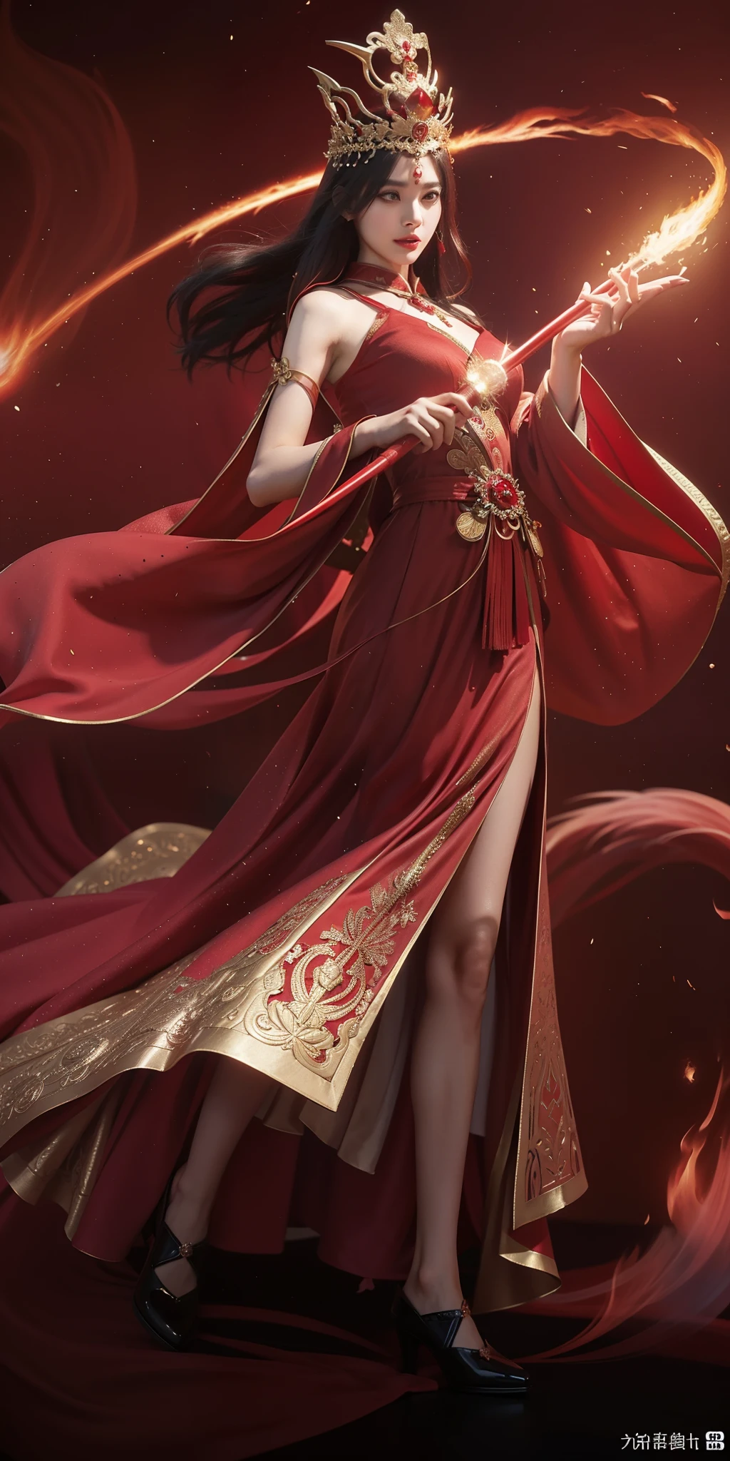 An image of Alphad in a red dress holding a magic wand, by Yang J, appears as the fire goddess, trending on cgstation, a beautiful fantasy empress, full-body xianxia, wearing gilded red robes, ((a beautiful fantasy empress)), cgsociety - w 1 0 2 4 - n 8 - i, beautiful elegant demon queen