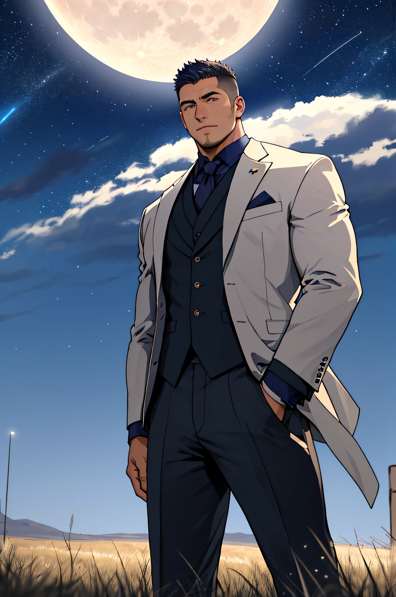 Draw a full-fledged footballer，Standing on the steppe at night，Quiet and comfortable background，He wears the same suit as the country's president，The suit fits perfectly，The man looks confident and determined，looking-down，Crew cut，full bodyesbian，Stars dot the sky，shooting from below，Big moon highlights background