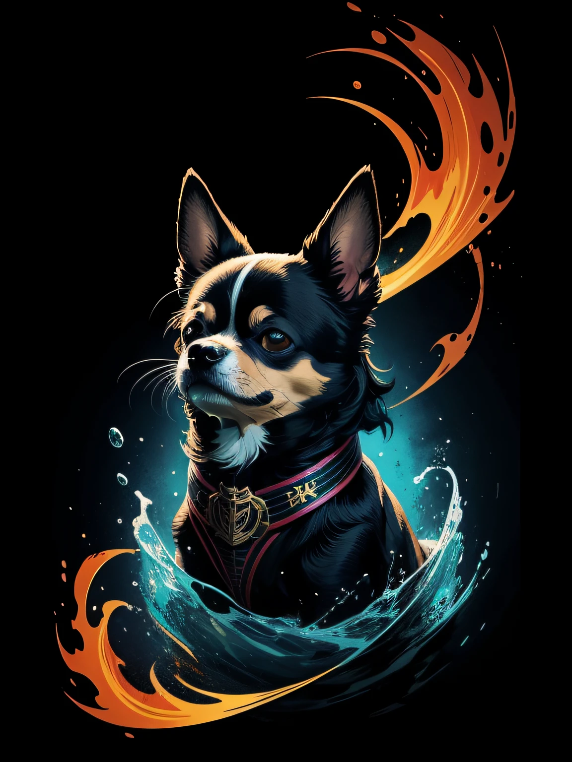 [chihuahua] Heraldic silhouette, logo masking style illustration, by dan mumford, by greg rutkowski, by james jean, black background, mysterious, realistic, majestic, rich vibrant colors, high contrast, seamless water brand, artstation, deviantart, dribble, redbubble, teepublic, sharp focus, simple, hyper detailed, detailed drawing, vectorize, outline, isometric style, 8k."