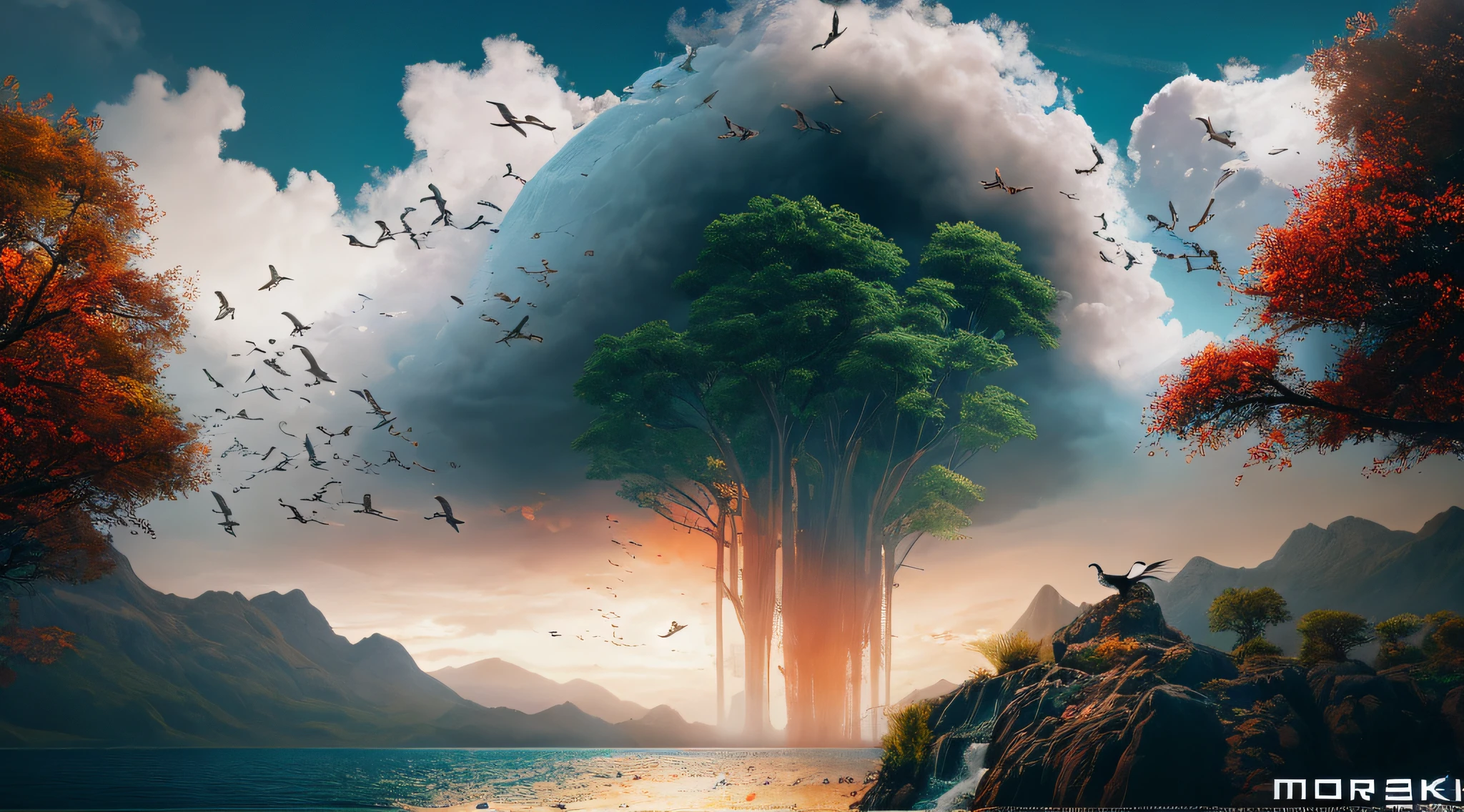 Masterpiece, best quality, high quality, extremely detailed CG unity 8k wallpaper, landscape, outdoor, sky, clouds, sky, no humans, mountains, landscape, water, trees, blue sky, waterfall, cliff, nature, lake, river, cloudy sky, award winning photography, bokeh, depth of field, HDR, bloom, chromatic aberration, realism, very detailed, trends on artstation, trends on CGsociety, intricacies, high detail, dramatic, midway art, red-crowned cranes soaring