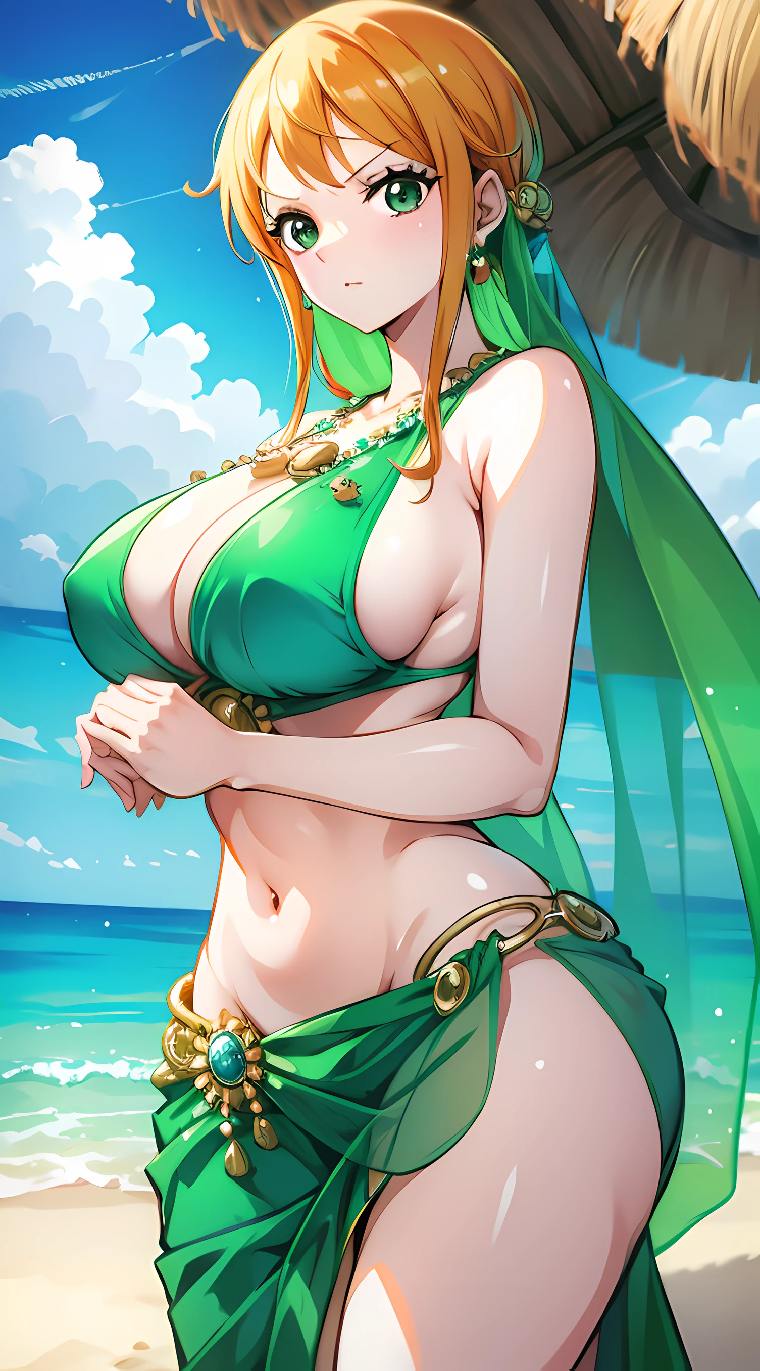 nami from one piece, big tits, sexy figure, saree, beach, green saree, indian attire, sexy, 8k