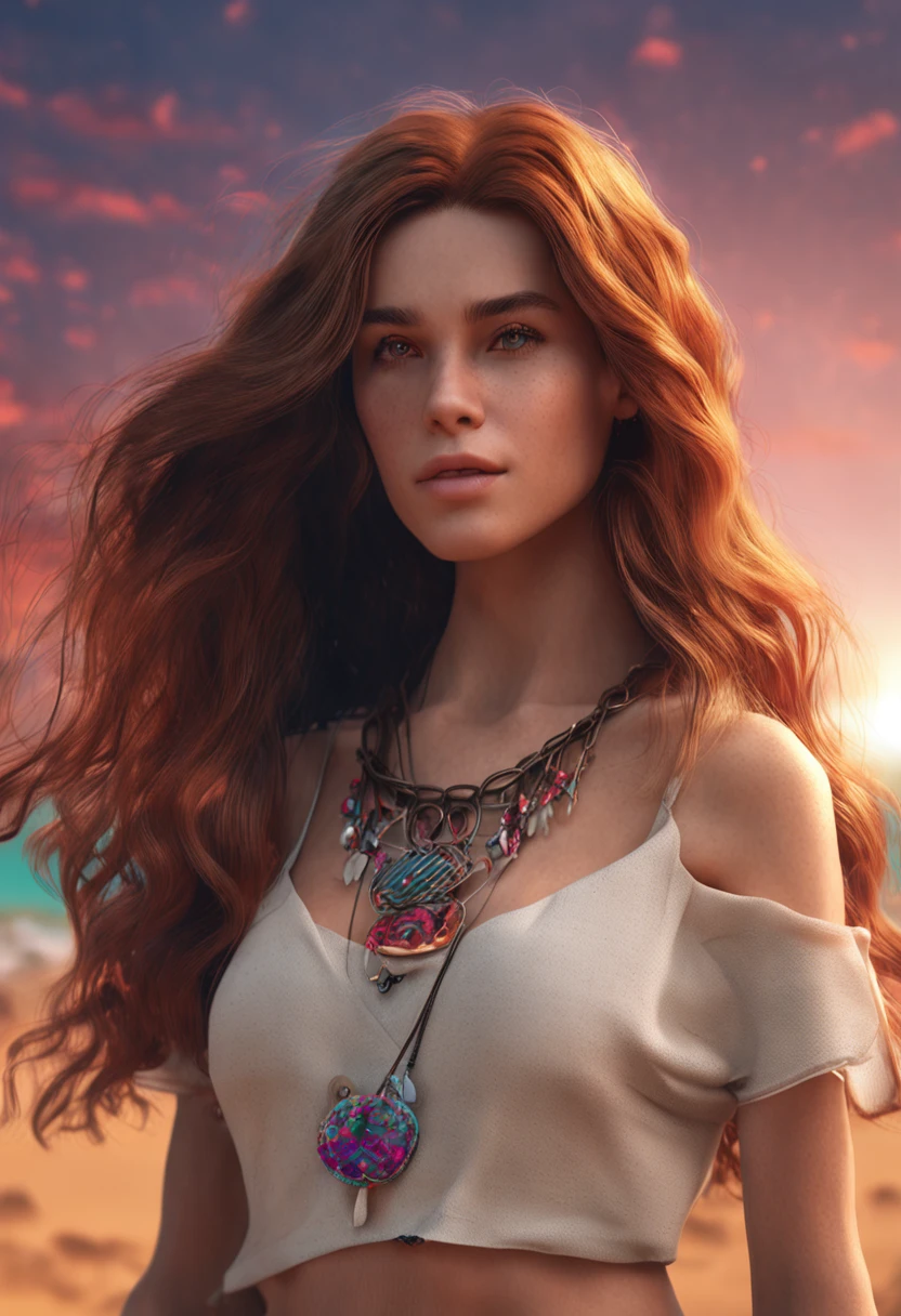 8yk,raw photo,(masterpiece), (best quality), highres,(1girl),(realistic, photo-realistic:1.2),ultra detailed, physically-based rendering,necklace, earrings, air bangs, hair ornament,sunset, collarbone,wristband,navel,long hair,brown hair,ahoge,1girl,middle breasts,beach,wavy hair,thin,