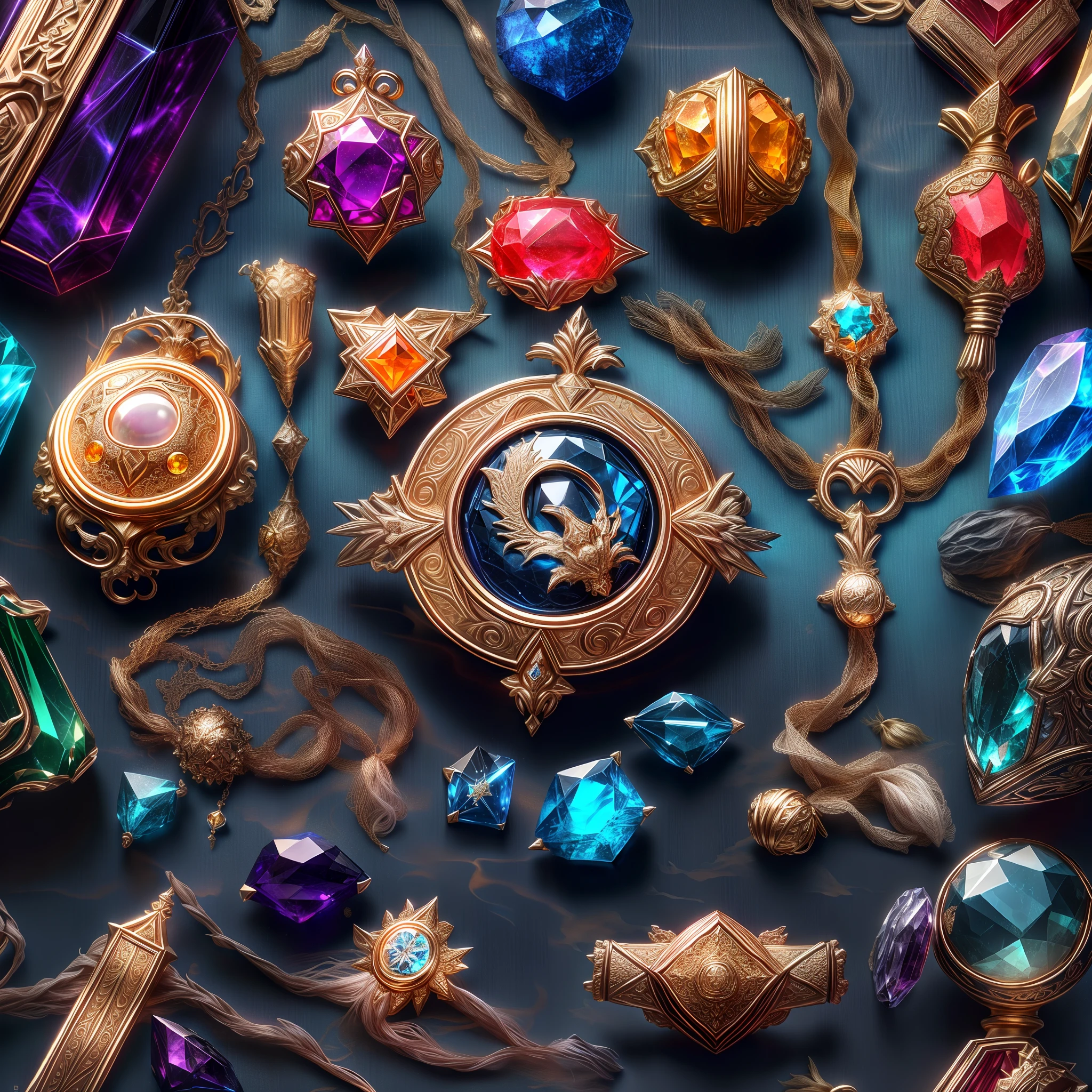 (byzantine Style: 1.2), (Full Focus: 2), (Everything in Display Cabinet: 1.3), (Magic Items | Colorful Gems | Cherry Blossoms | Printed Silk Products | Medals | Ores | Obsidian | Pearl | Emerald | White Jade | Amethyst | Sapphire | Gold Products | Silver Products | Purple Gold | Magical Jewelry | Antiques | Ruby | Orange Gem | Blue Gem | Topaz |: 2), Magic Symbols, Magic Particle Effects, High Tech Luxury, High Value Jewelry, High Value Metal, Luxury items, no puzzles, detailed and complex backgrounds, sparkling, reflective light, ultra high definition, award-winning, a high-resolution, high detail texture, contrast between light and dark, cinematic lighting, masterpieces, ray tracing, structurally correct, super details, high-quality, high detail, best quality, 16k