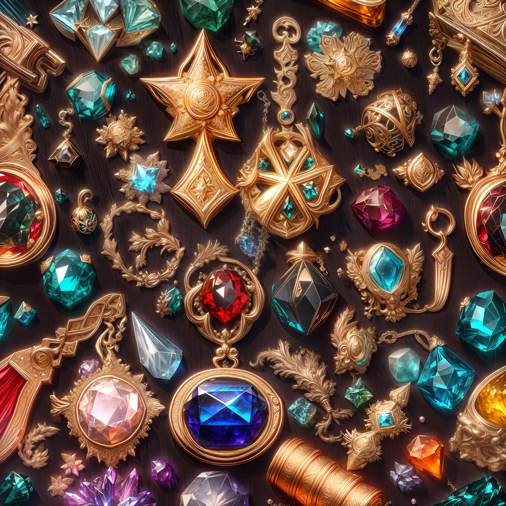 (byzantine Style: 1.2), (Full Focus: 2), (Everything in Display Cabinet: 1.3), (Magic Items | Colorful Gems | Cherry Blossoms | Printed Silk Products | Medals | Ores | Obsidian | Pearl | Emerald | White Jade | Amethyst | Sapphire | Gold Products | Silver Products | Purple Gold | Magical Jewelry | Antiques | Ruby | Orange Gem | Blue Gem | Topaz |: 2), Magic Symbols, Magic Particle Effects, High Tech Luxury, High Value Jewelry, High Value Metal, Luxury items, no puzzles, detailed and complex backgrounds, sparkling, reflective light, ultra high definition, award-winning, a high-resolution, high detail texture, contrast between light and dark, cinematic lighting, masterpieces, ray tracing, structurally correct, super details, high-quality, high detail, best quality, 16k