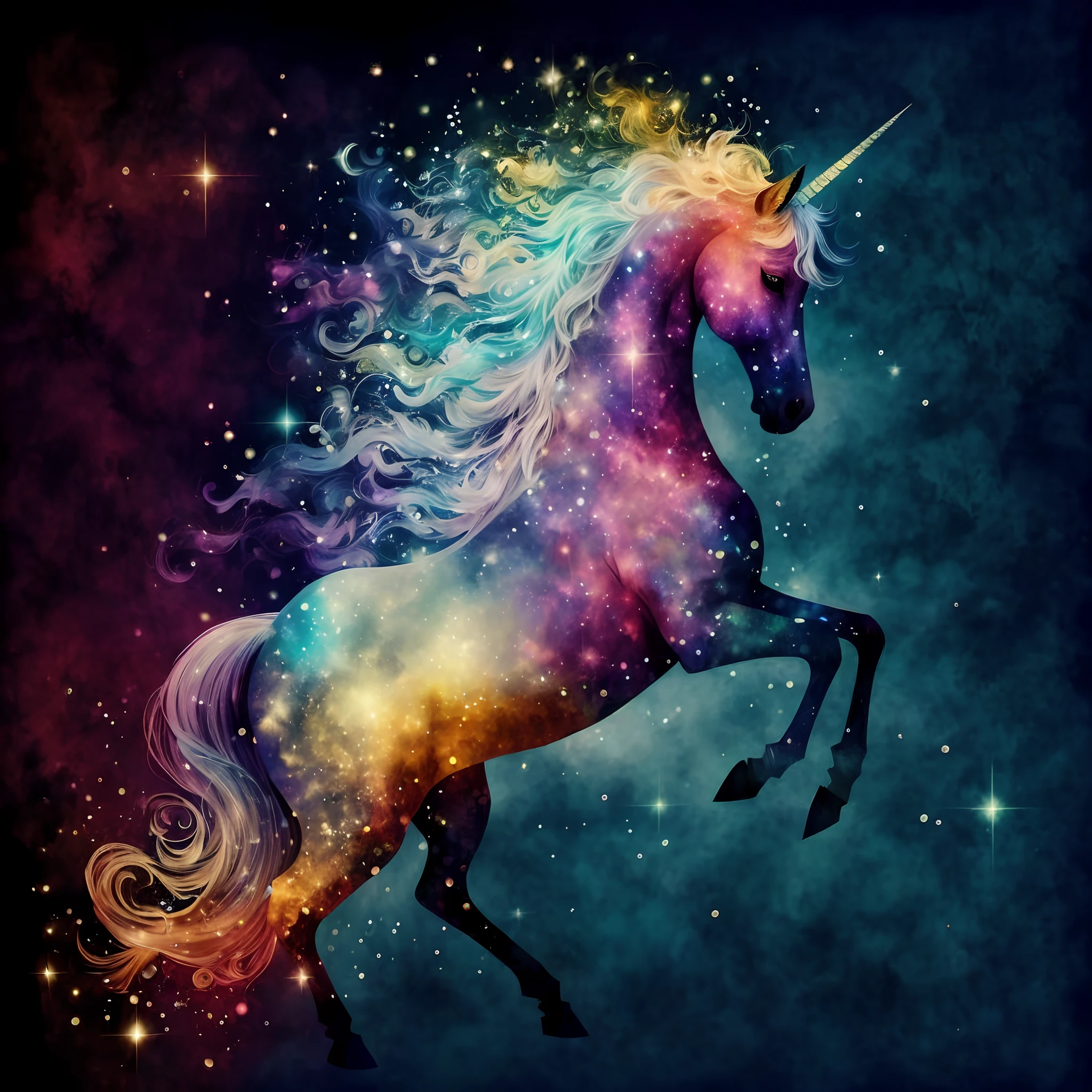 Unicorn close-up，The mane is colorful，starrysky, unicorn, unicorn, Unicorn flying in the sky,starryskybackground，Starcloud， unicorn, Blue Unicorn, a mythical creature, Glory to the magic within, magical and mystical, mythical whimsical creatures, cosmic and colorful, a mythical creature, Unicorn horns, amazing background, Mythical, a mythical creature, Fantastic and magical, White Unicorn