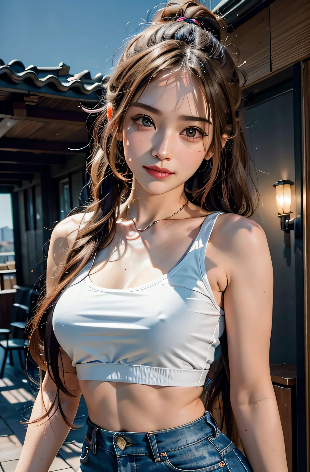 best qualtiy，sface focus，Look at the audience head-on，the soft light，（depth of fields），超高分辨率，（Photorealsitic：1.4），RAW photos，Bigchest，Colorful clothes，Open navel，Bare shoulders，By bangs，Long ponytail hairstyle，（sportrait：1.4），（From the front side）1girll，独奏，adolable，（Shy，ssmile：1.1），（with brown eye），Detailed beautiful face，（mid day_Hair）， moon in the night，Walk，（off-the-shoulder shirts），