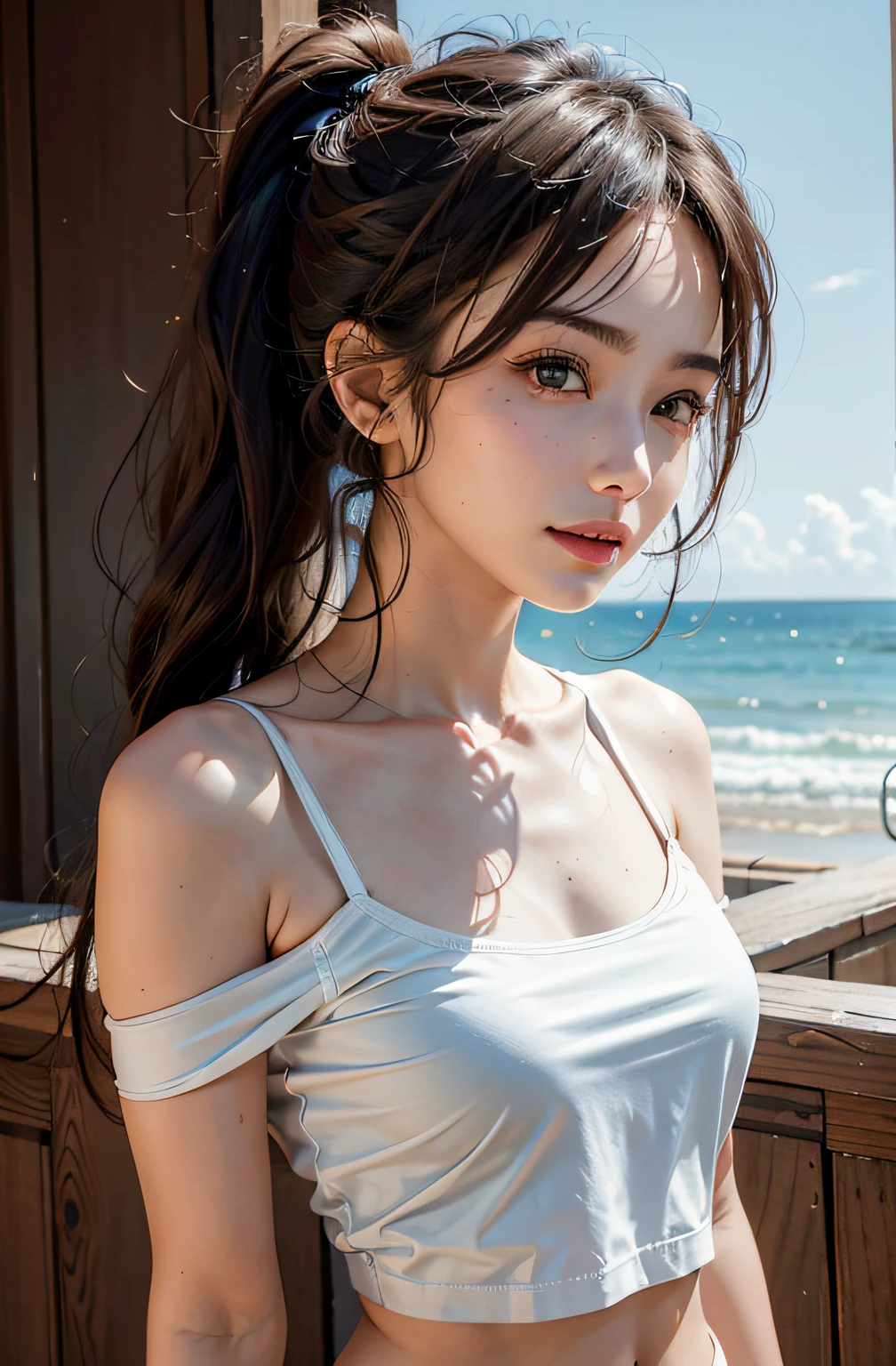 best qualtiy，sface focus，Look at the audience head-on，the soft light，（depth of fields），超高分辨率，（Photorealsitic：1.4），RAW photos，Bigchest，Colorful clothes，Open navel，Bare shoulders，By bangs，Long ponytail hairstyle，（sportrait：1.4），（From the front side）1girll，独奏，adolable，（Shy，ssmile：1.1），（with brown eye），Detailed beautiful face，（mid day_Hair）， moon in the night，Walk，（off-the-shoulder shirts），