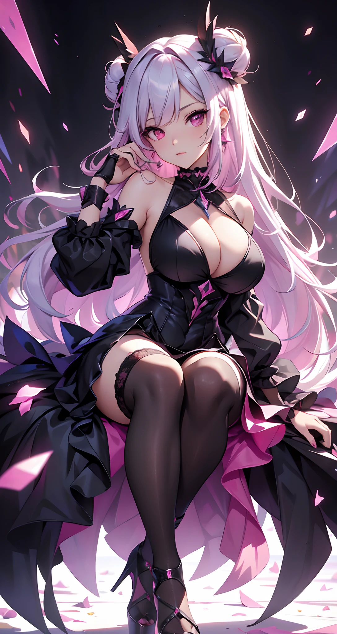 best qualityer,tmasterpiece,Ultimate resolution,downy,Extremely colorful,Colorful,Lady,a matural female,An extremely normal and well-depicted face,Black dress long dress,Gorgeous dress,huge tit,(Ultra-short pink and white hair,A bun),(black lence stockings,Stiletto sandals),soles of feet,Pink starry sky,Normal posture,Normal posture