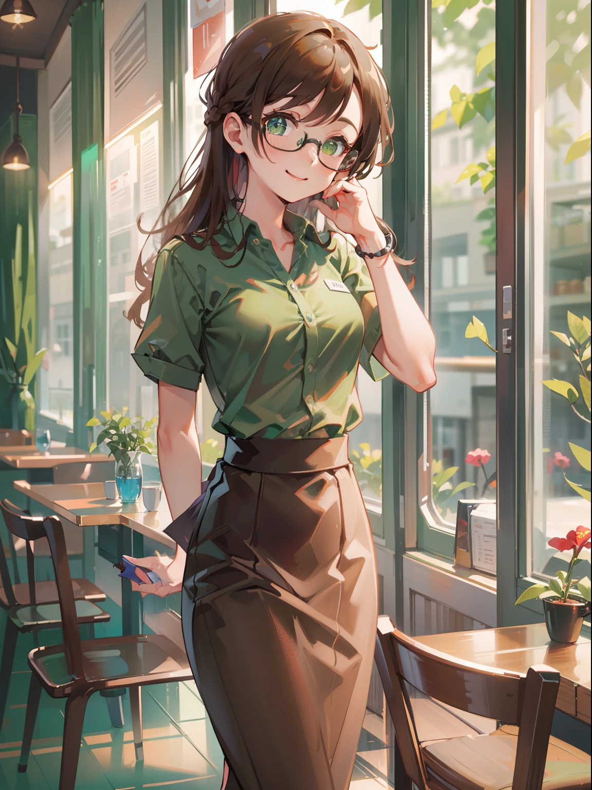 (masterpiece), (best quality), ultra high res, sharp focus, ((1 woman, solo)), (in the restaurant), (at the afternoon time:1.2), upper body, medium long shot, MLS, beautiful detailed hair, chestnut brown hair, long hair tumbles down, detailed glasses, ((beautiful shape eyes, green eyes)), beautiful detailed face, perfect feminine face, comfortable face, look at the viewer, smiles, formal office outfit, waiting for the food come