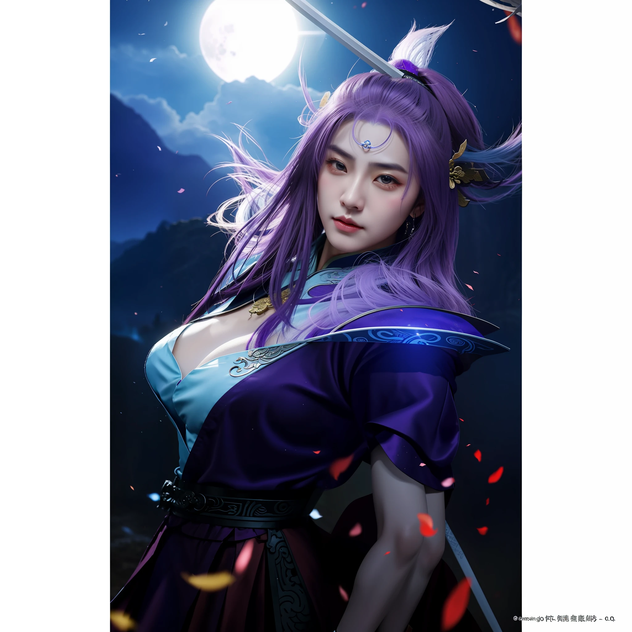 A woman with purple hair and a sword stands in front of the full moon, xianxia fantasy, xianxia hero, full-body xianxia, Xianxia, Chinese fantasy, author:Fan Qi, Ruan Jia and Artgerm, by Yang J, digital fantasy art ), Game CG, author:Zhou Fang, author:Song Xu, author:Fan Kuan