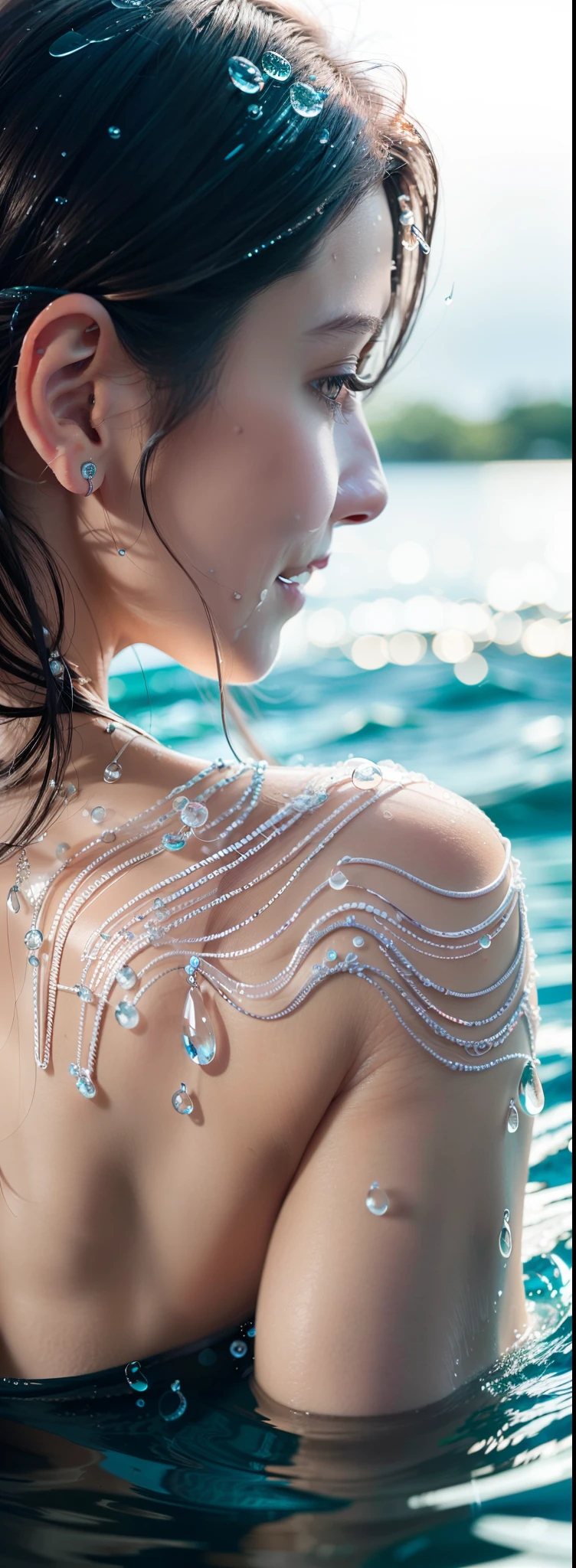facing away from the audience,Silver-haired woman with low double ponytail,watery big eyes,Pink hair accessories,Enchanted smile,Get out of the water,Detailed depiction of water droplets on the body,The delicate rose pattern tattoo on the back comes to life,There is fog on the surface of the water,Blur lighting effects,Close-up shot,Best quality photos,16K High Resolution。