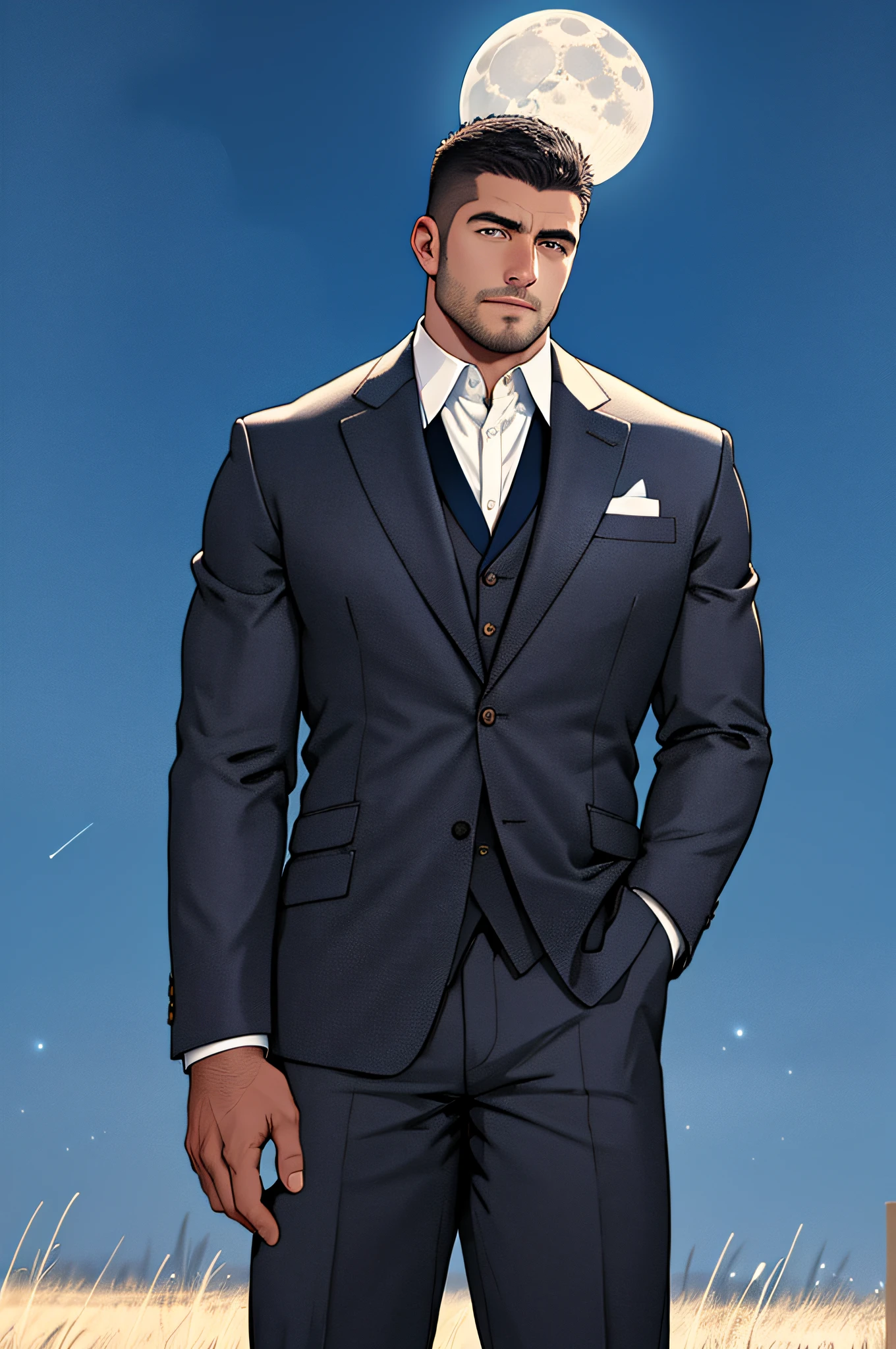 Draw a full-fledged footballer，Standing on the steppe at night，Quiet and comfortable background，He wears the same suit as the country's president，The suit fits perfectly，The man looks confident and determined，looking-down，Crew cut，full bodyesbian，Stars dot the sky，shooting from below，Big moon highlights background