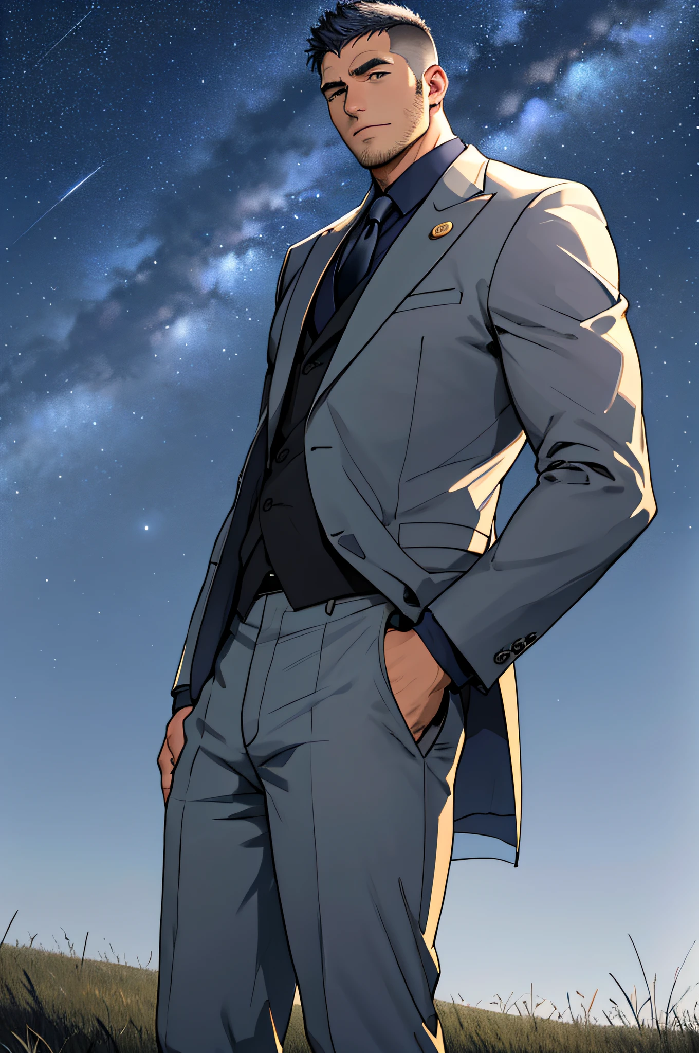Draw a full-fledged footballer,Standing on the steppe at night,Quiet and comfortable background,He wears the same suit as the country's president,The suit fits perfectly,The man looks confident and determined,looking-down,Crew cut,full bodyesbian,Stars dot the sky,shooting from below,Big moon highlights background