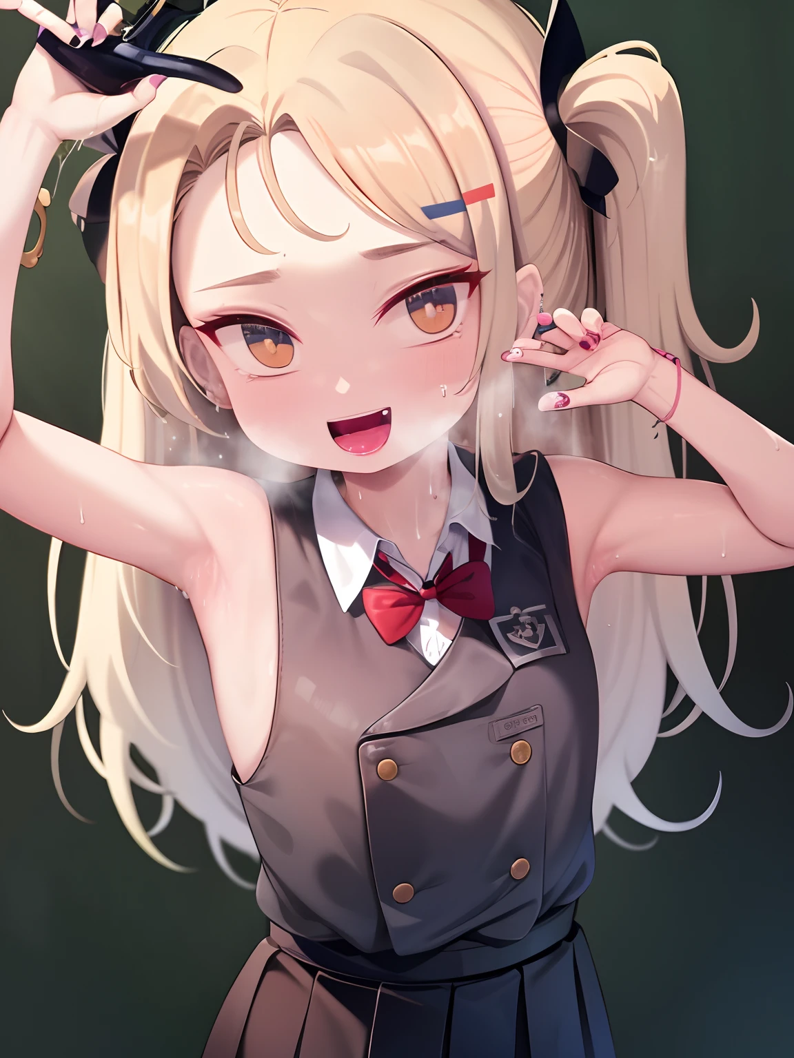 masterpiece, best quality, 1girl, soli, blonde hair, smile,happy,open mouth, two side up, school uniform, Presenting armpit, sweaty armpit, arm up,