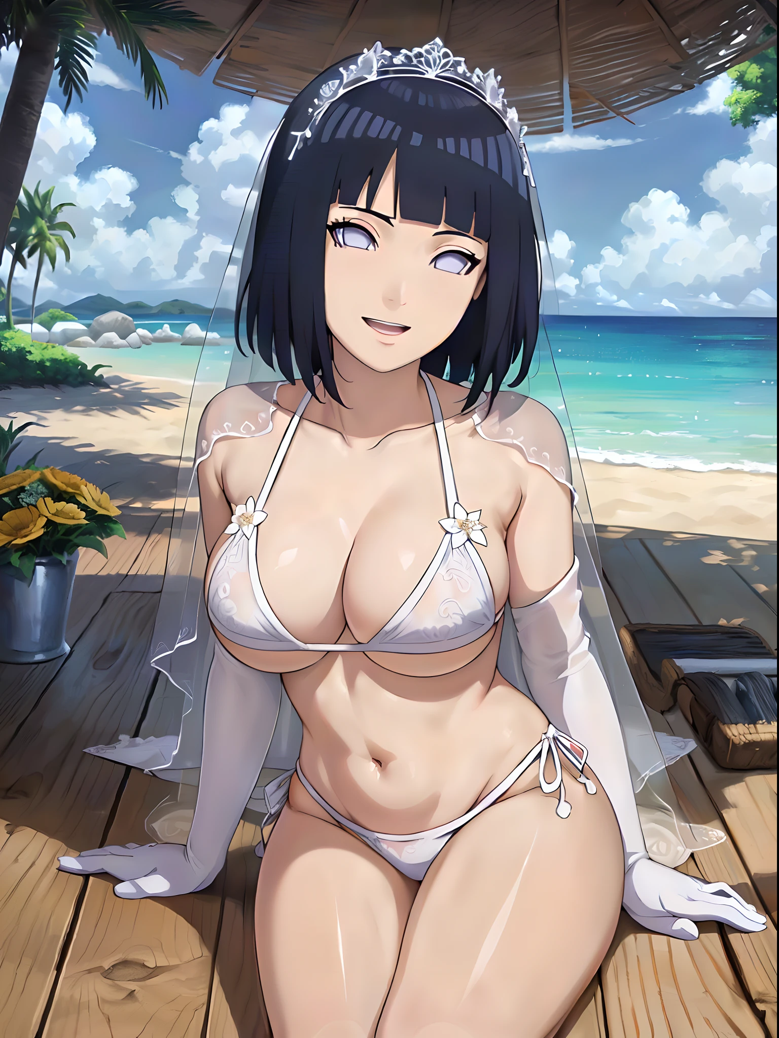 (WALLPAPER, masterpiece, 1k, anime style:1.9, laying on flower bed, navel, gold neclace, contrast lighting, (detailed beach background, (lean forward), big breasts, big boobs, open mouth, high color saturation, bold lines, bold drawing lines, (strong arms, flat belly, groin), detailed bold arm lines), (strong arms, thick arms), strong light on body, plain, bare body, (large breasts, perky boobs), minimum clothing, taking off shirt, bare shoulders, off-shoulders, bare chest, (very tight pure white tiny bikini, wedding veil, white flower wedding tiara, long white gloves), no shirt, showing off), hinata\(boruto\), mature female, sunbathing, milf, (curvy:0.8), solo, (short hair, hime cut), (dark blue hair color:1.1), white, flat belly, perfect eyes, white sciera, white eyes, anime eyes, smoky eyeliner, eyeshadow, perfect face, shy, sharp focus, professional artwork, intricate details, colorful, vibrant colors, vivid colors, digital blending, ultra detailed body, ultra detail hair, ultra detail face, trending on pixiv, kind smile, shy, very hot colors, sunny day, outdoor,