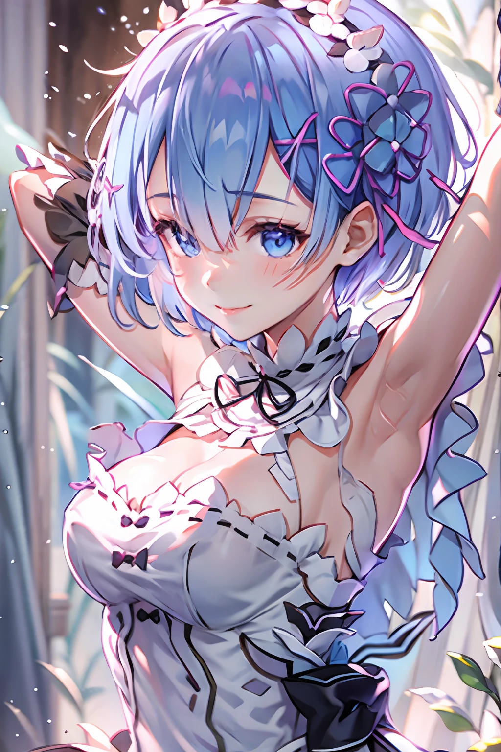 (highly detailed:1.3), Rem Re:zero, blue hair, short hair 
1girl, solo,
horb, (light smile:1.2), arms behind head, wariza, 
Ultra-detail, (highres:1.1), best quality, (masterpiece:1.3), cinematic lighting,