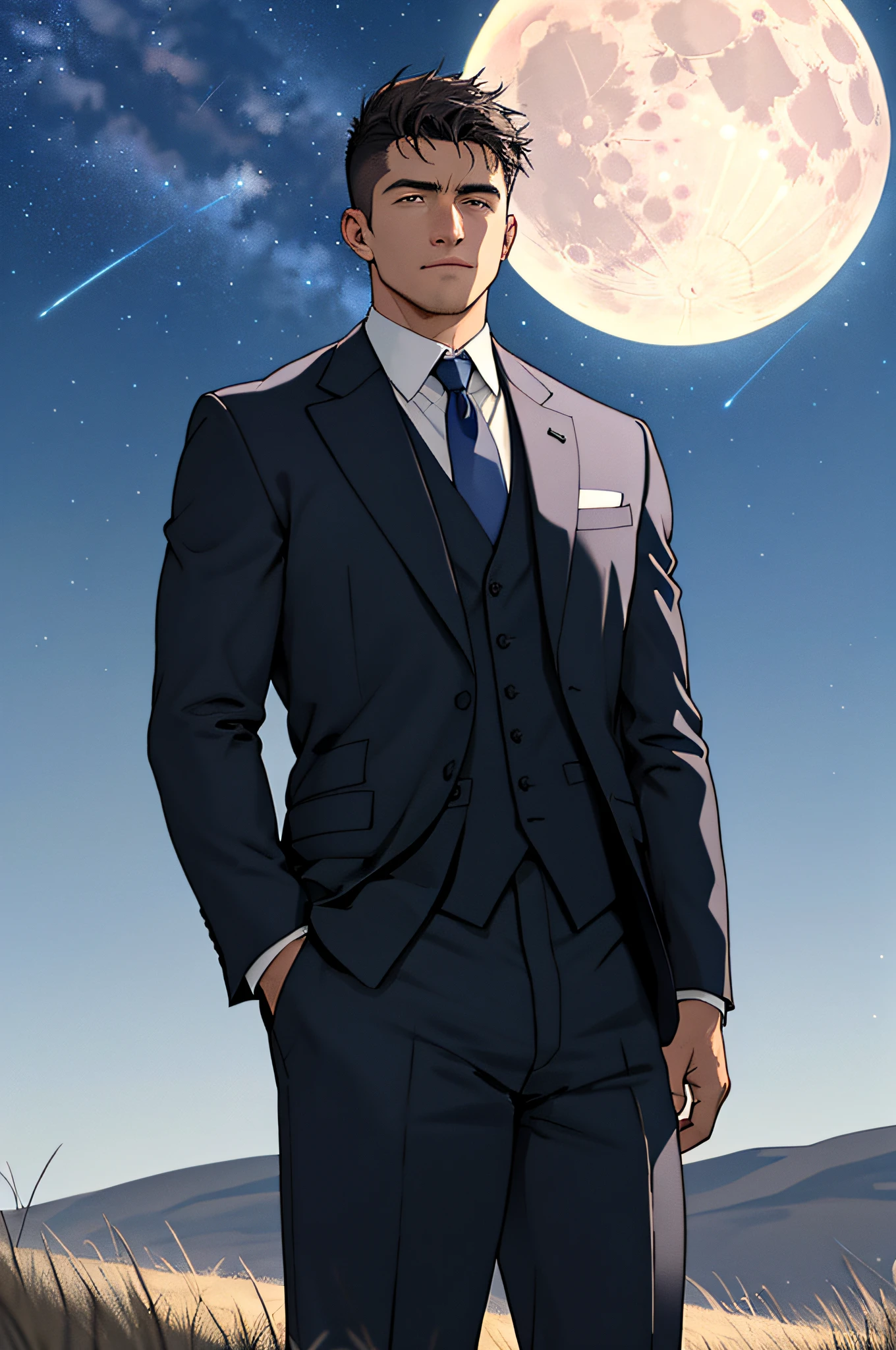 Draw a full-fledged footballer，Standing on the steppe at night，Quiet and comfortable background，He wears the same suit as the country's president，The suit fits perfectly，The man looks confident and determined，looking-down，Crew cut，full bodyesbian，Stars dot the sky，shooting from below，Big moon highlights background