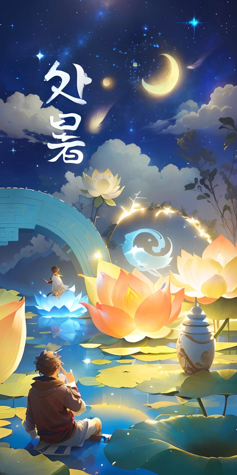 A boy sits on a lotus,looking at the stars,The background is a starry sky and clouds,中景 the scene is,4K, Mobile game art, Official artwork, By Li Song, concept art magical highlight, official fanart, background artwork, author:Shitao, !dream concept art, Onmyoji detailed art, author:Qu Leilei, G Liulian art style