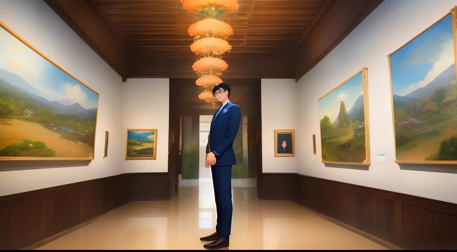 Japan man looking at a painting in a museum、Age is 50 years、a handsome、Wearing a dark blue suit、wears glasses、Well-formed face、tall、FULL BODYSHOT、wide Shots、Straight face、Decorated with overseas landscape paintings、Mysterious atmosphere