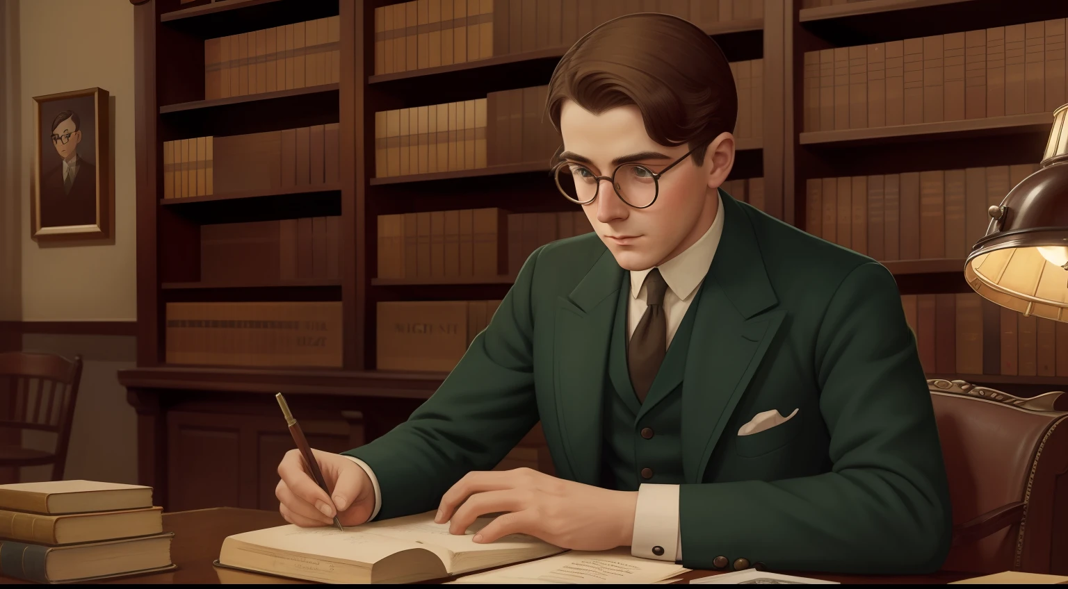 Date: 1920
Country: England
Description: In a London bookstore, a young male author with round spectacles sits at a typewriter, engrossed in crafting a novel. The scene captures the literary fervor of the Jazz Age, where words flowed as freely as the era's energy.