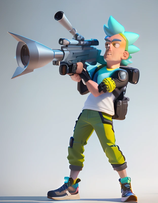 Close-up of a toy gun with a man, holding it in their hands, Rick and Morty style, Rick from the movie "Rick and Morty", Cartoon render Keyshot, Rick's style & Morty, 3 d render of jerma 9 8 5, in the artistic style of "Rick and Morty", Game provided. Octane Render, Рендер Show Boom, 3 d render stylized, 3D character rendering