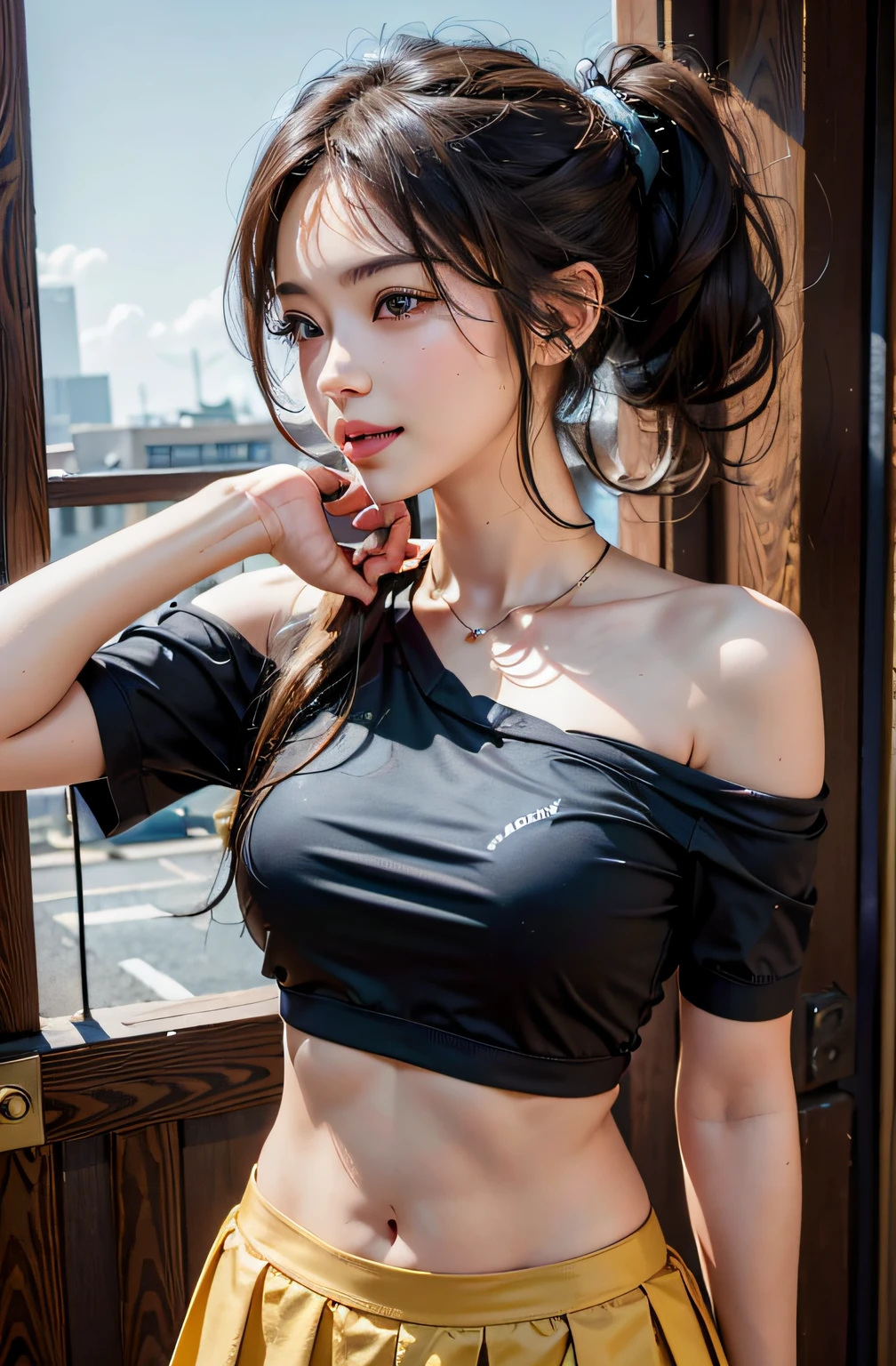 best qualtiy，sface focus，Look at the audience head-on，the soft light，（depth of fields），超高分辨率，（Photorealsitic：1.4），RAW photos，Bigchest，Colorful clothes，pleatedskirt，Open navel，Bare shoulders，By bangs，Long ponytail hairstyle，（sportrait：1.4），（From the front side）1girll，独奏，adolable，（Shy，ssmile：1.1），（with brown eye），Detailed beautiful face，（mid day_Hair）， moon in the night，Walk，（off-the-shoulder shirts），