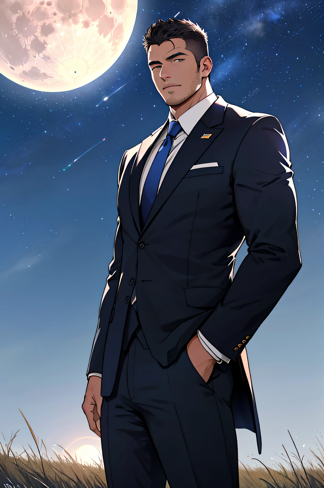 Draw a full-fledged footballer，Standing on the steppe at night，Quiet and comfortable background，He wears the same suit as the country's president，The suit fits perfectly，The man looks confident and determined，looking-down，Crew cut，full bodyesbian，Stars dot the sky，shooting from below，Big moon highlights background