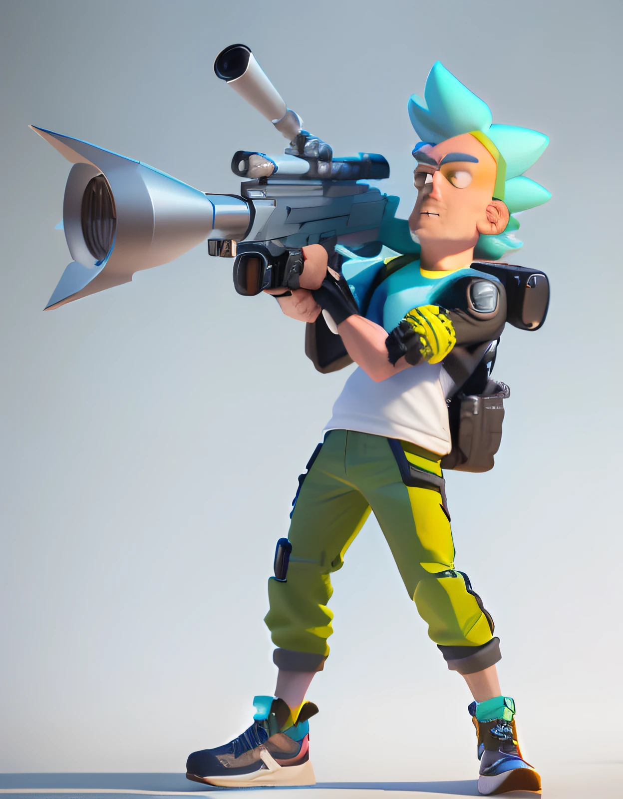 Close-up of a toy gun with a man, holding it in their hands, Rick and Morty style, Rick from the movie "Rick and Morty", Cartoon render Keyshot, Rick's style & Morty, 3 d render of jerma 9 8 5, in the artistic style of "Rick and Morty", Game provided. Octane Render, Рендер Show Boom, 3 d render stylized, 3D character rendering