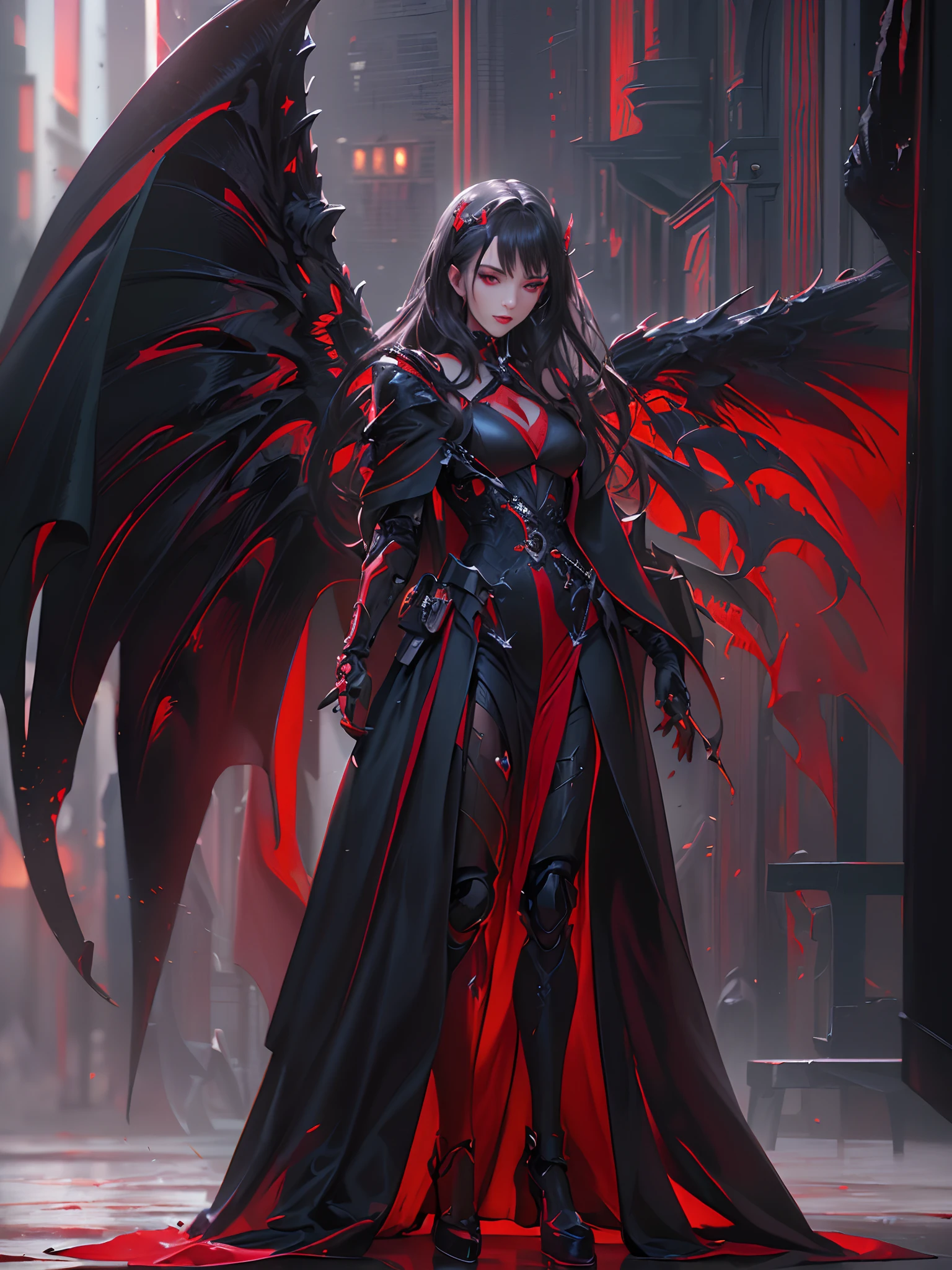 (photorealistic:1.3),(hyperrealistic:1.3), masterpiece, highly detailed, best quality, (beautiful and clear background:1.2), detailed background, beautiful (female:1.4) vamptech cyborg robot wearing (black red robe:1.4) (black red cape:1.2), Seraphim wings, vampiric gothic horror, fcPortrait, illustration, cinematic lighting,