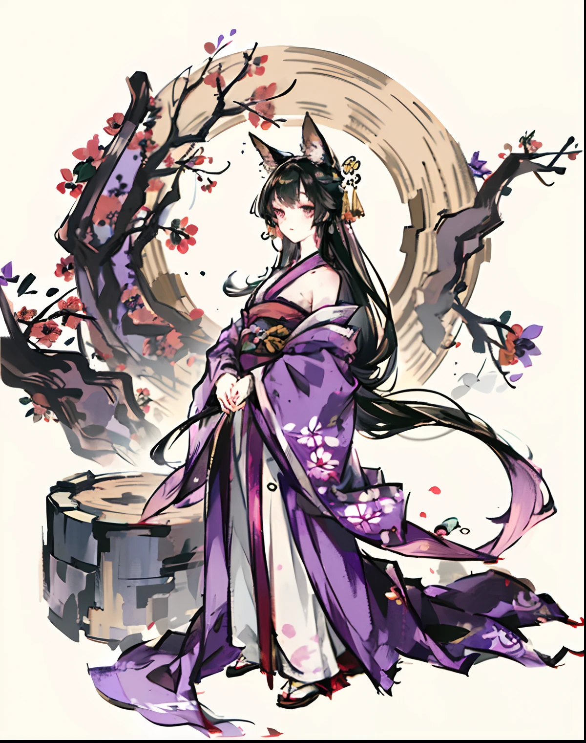 8K, Fine face, Adult Woman, Long legs, Game Standing Painting, Full body, Landscape background, Chinese paintings, Pink and purple gradient long hair, Fox ears, lifelike ancient world,A dark-haired、Purple fox ears、花魁、Kimono、Heavenly Lady's Hagoromo