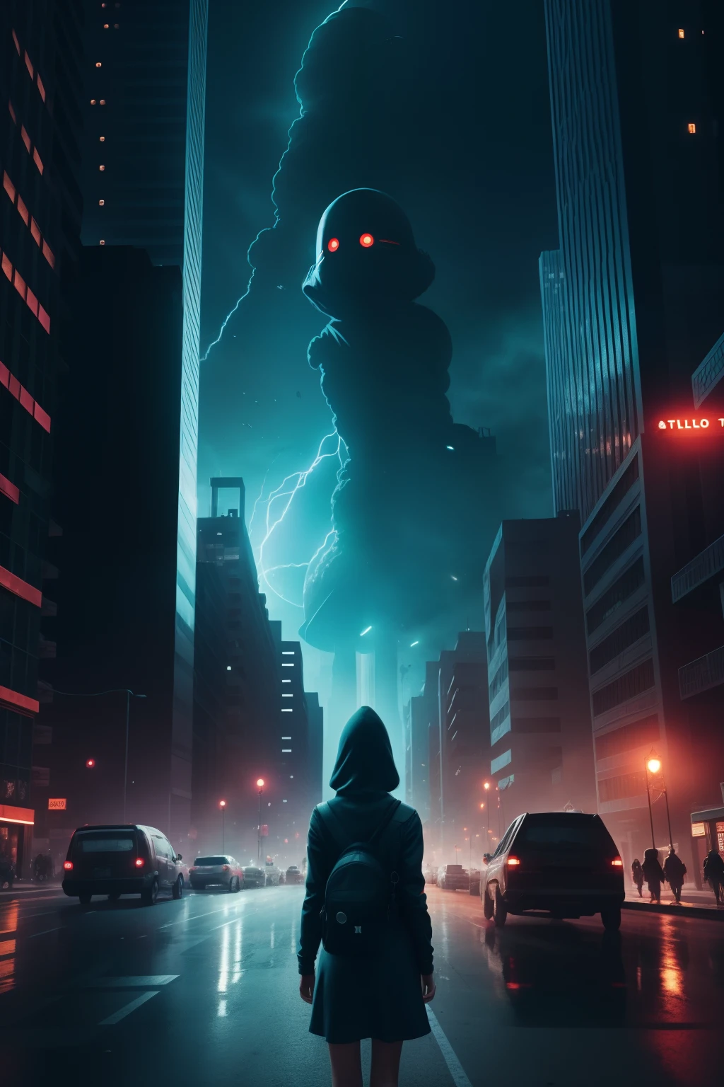 A girl, stuck in the city, no face,  aliens attack city, aliens attack, cinematic