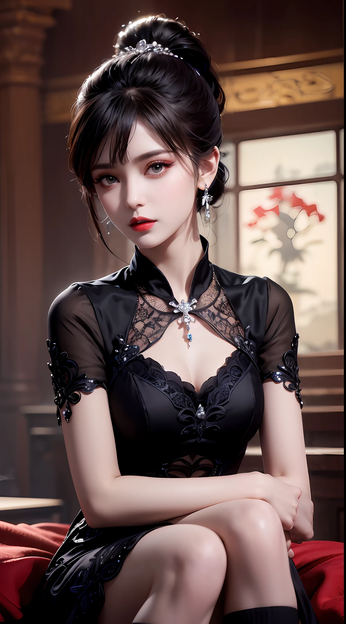 8K ultra hd, masterpiece, best quality, a beautiful girl, long hair, impressive hairstyle, royal hair jewelry, pretty cute face, flawless face, jewellery earrings, antique jewellery, details eyes, beautiful eyes, meticulous makeup, thin eyebrows, beautiful red lips, medium breasts, black mesh socks, thin black silk shirt with many black motifs, black lace shirt, long bangs and a long platinum black ponytail, realistic colors, magic effects, Ancient hanfu background, look directly at the audience, standing, whole body capture,